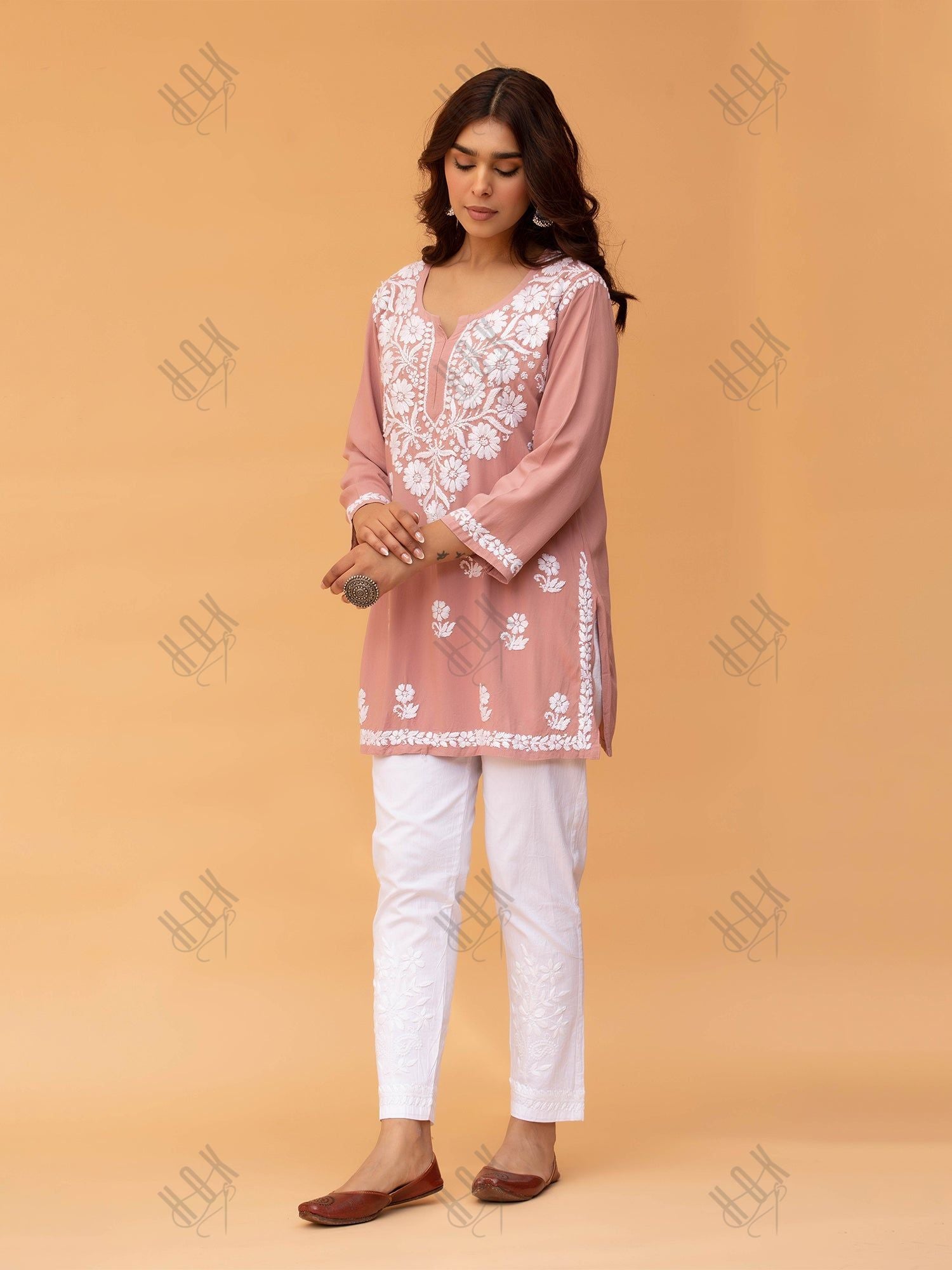 Saba Chikankari Short Kurta in Rayon cotton - Peach