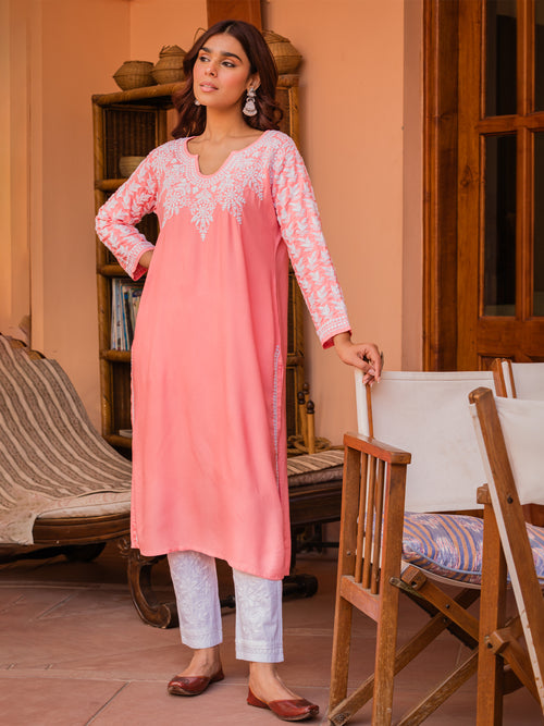 Saba Chikankari Kurta in Rayon cotton - Pink