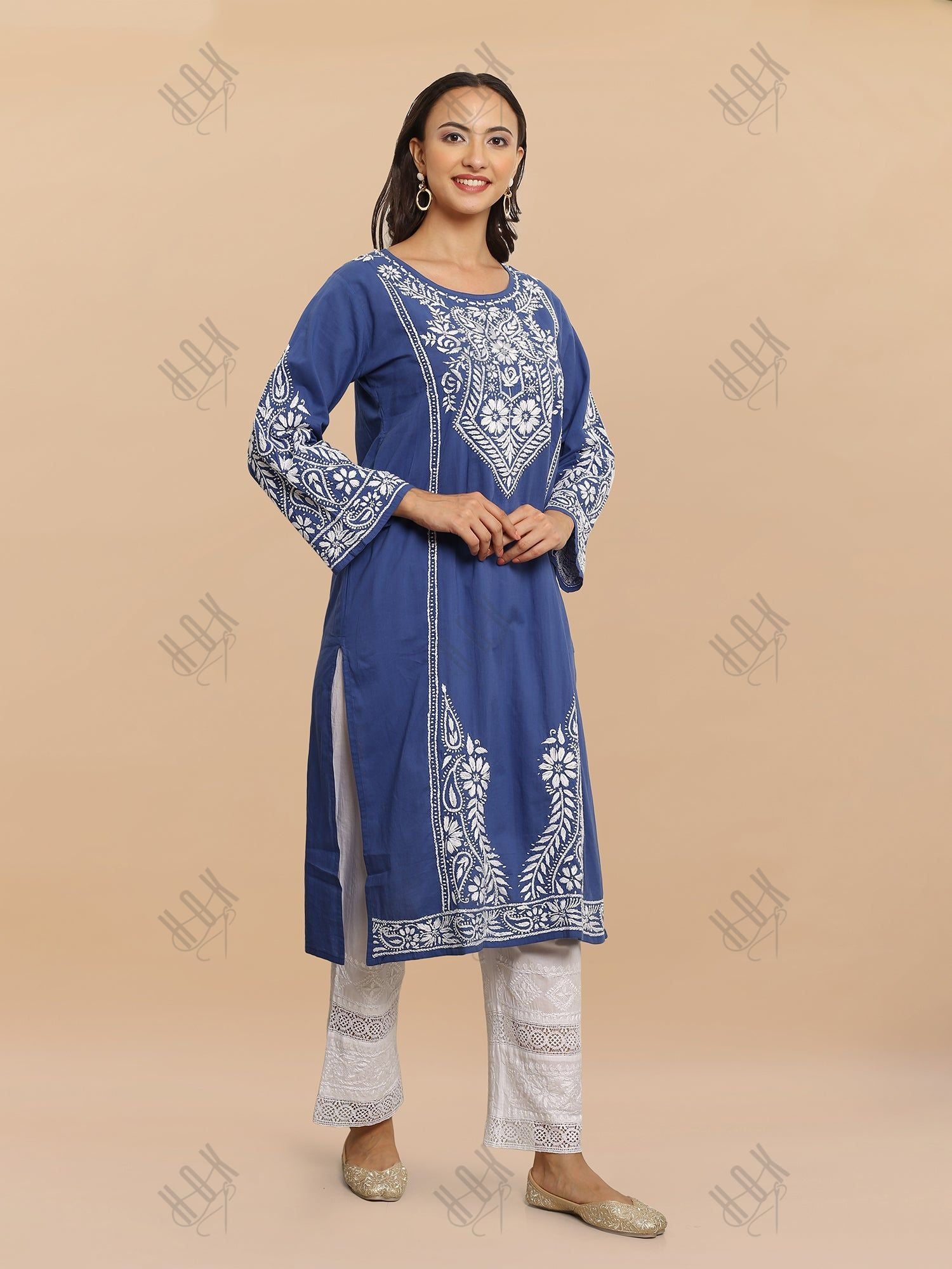 Saba Chikankari Kurti in Cambric Cotton - Blue