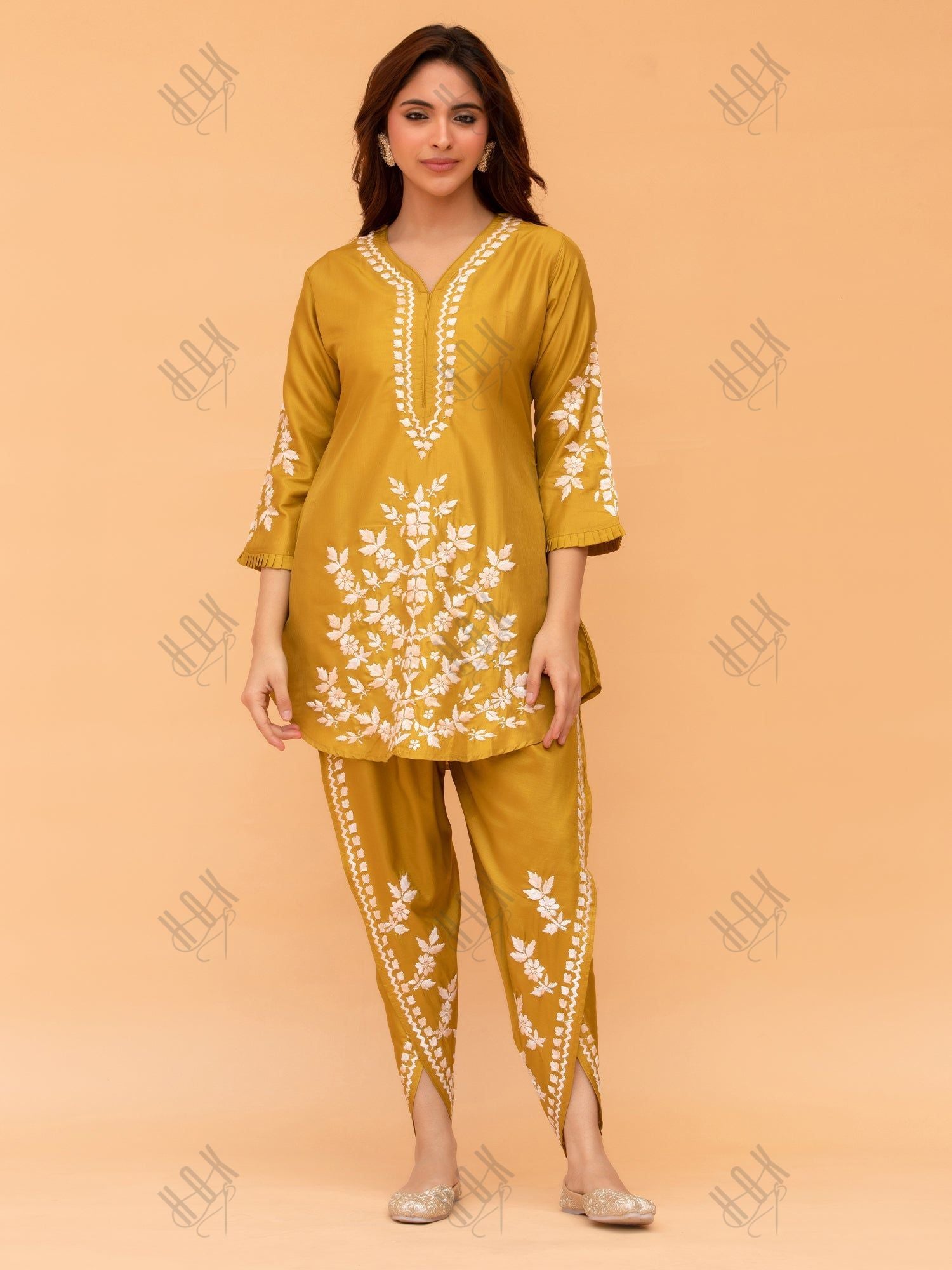 Saba Chikankari Kurta Set in Habutai Silk - Mustard