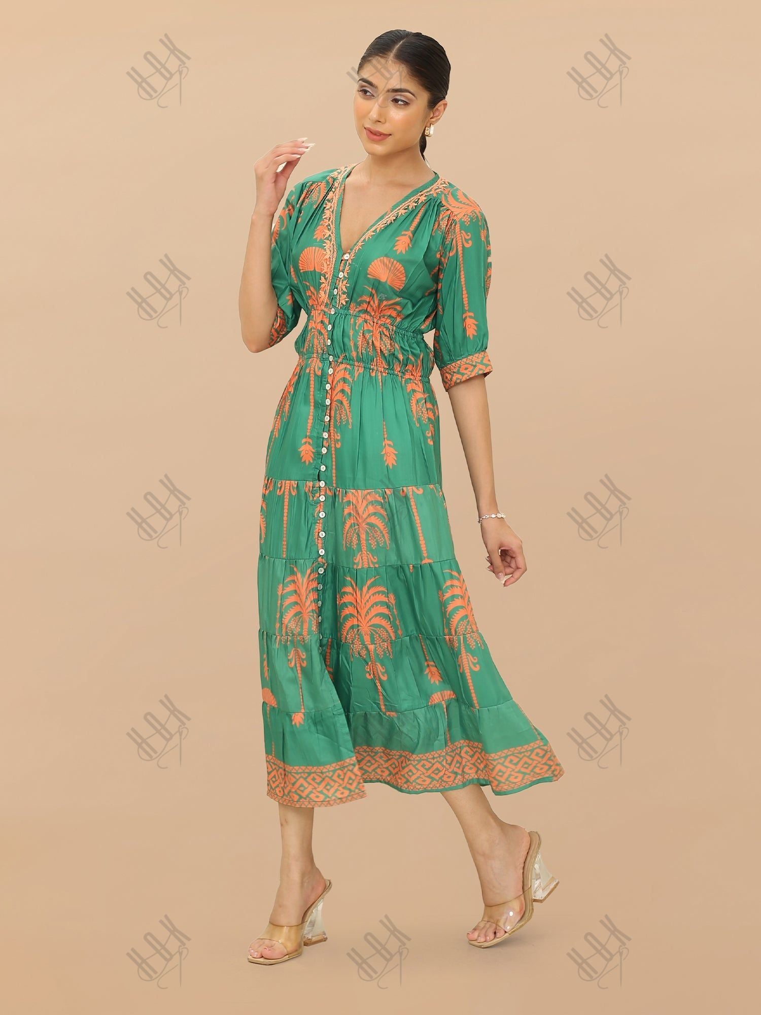 Saba Chikanakri Dress in Printed Muslin  - Green