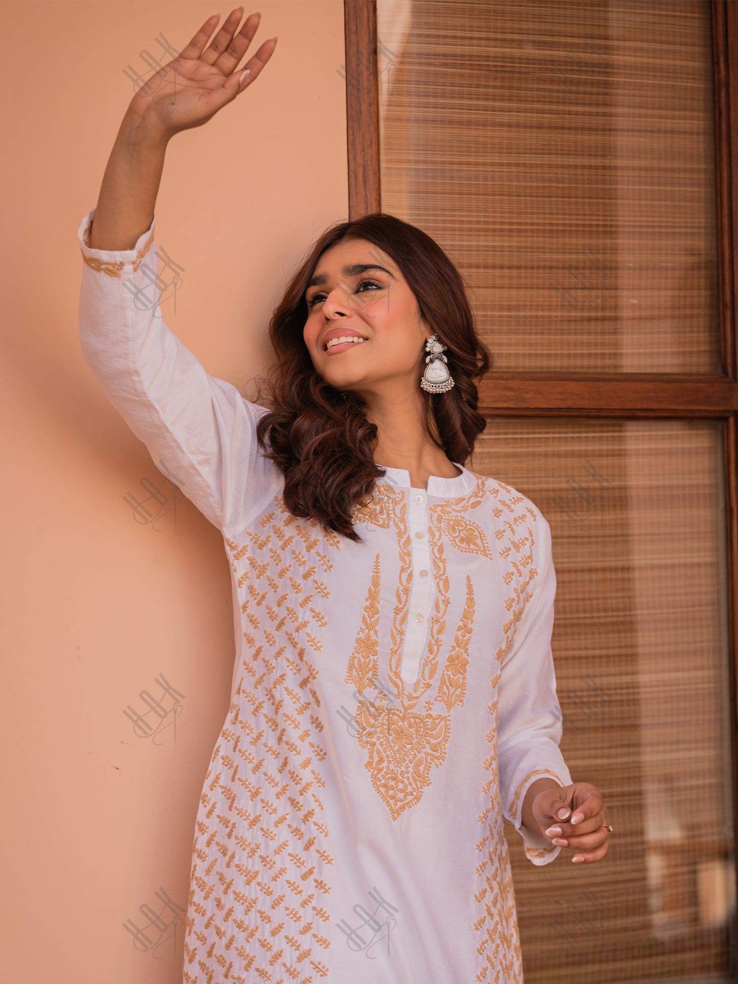 Saba Chikankari Long Kurta in Chanderi Silk with Beige