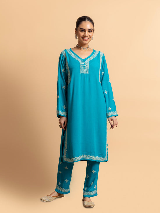 Load image into Gallery viewer, Aanchal in Chikankari Cord Set for Women - Turquoise blue
