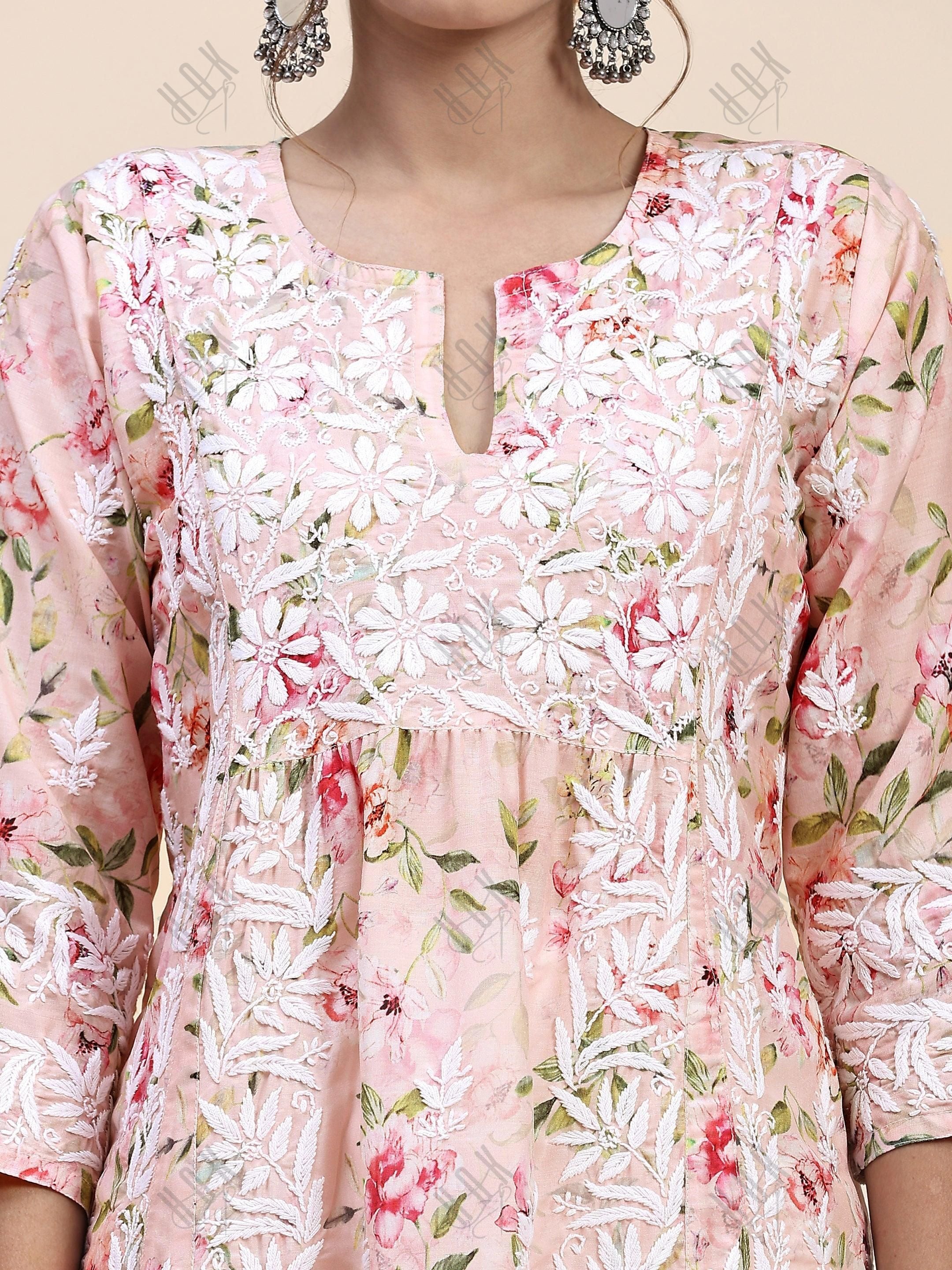 Farheen in Chikankari Long Kurta in Muslin Cotton for Women- Pink Print - House Of Kari (Chikankari Clothing)