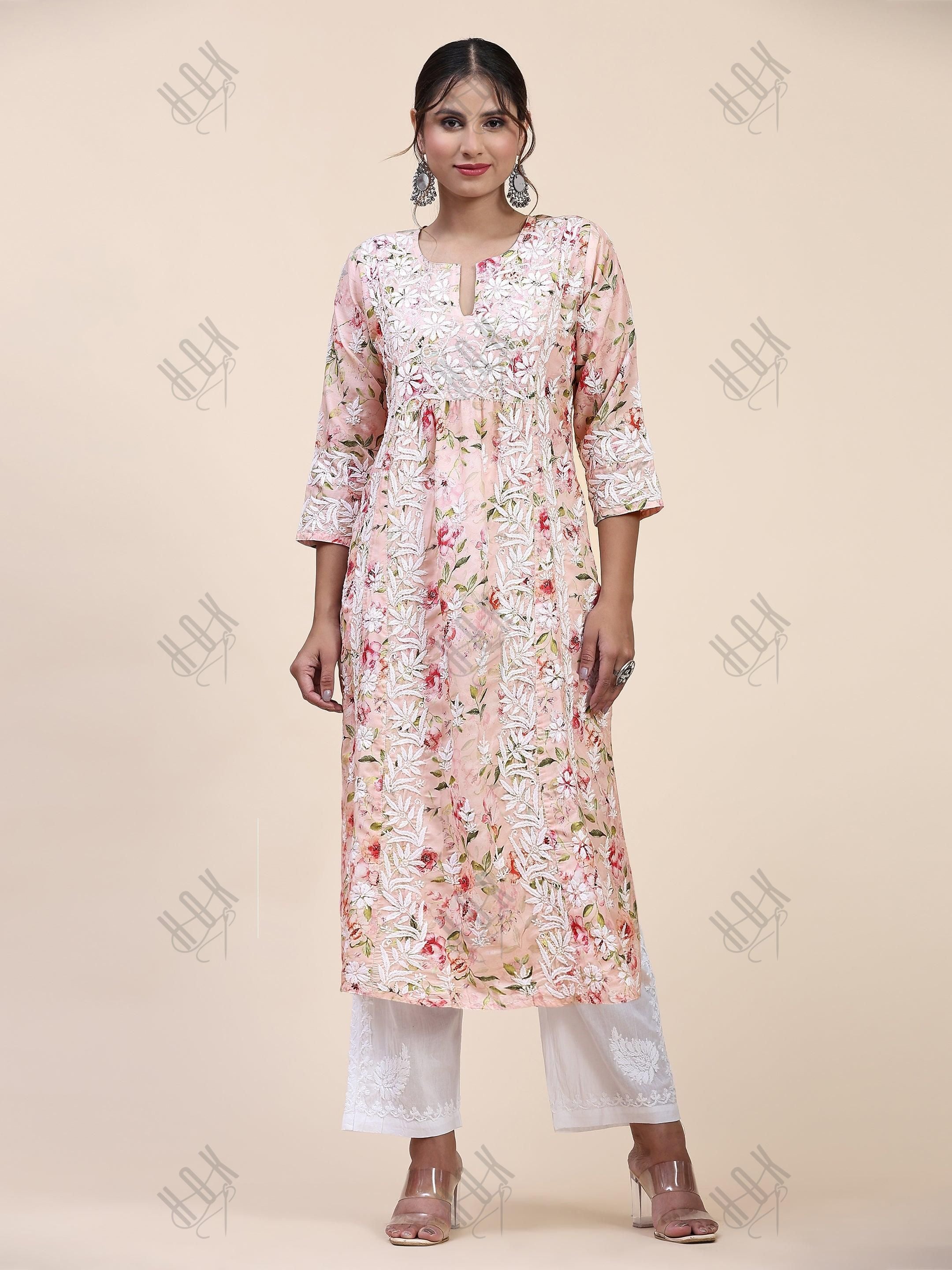 Farheen in Chikankari Long Kurta in Muslin Cotton for Women- Pink Print - House Of Kari (Chikankari Clothing)