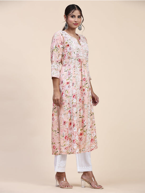 Farheen in Chikankari Long Kurta in Muslin Cotton for Women- Pink Print - House Of Kari (Chikankari Clothing)