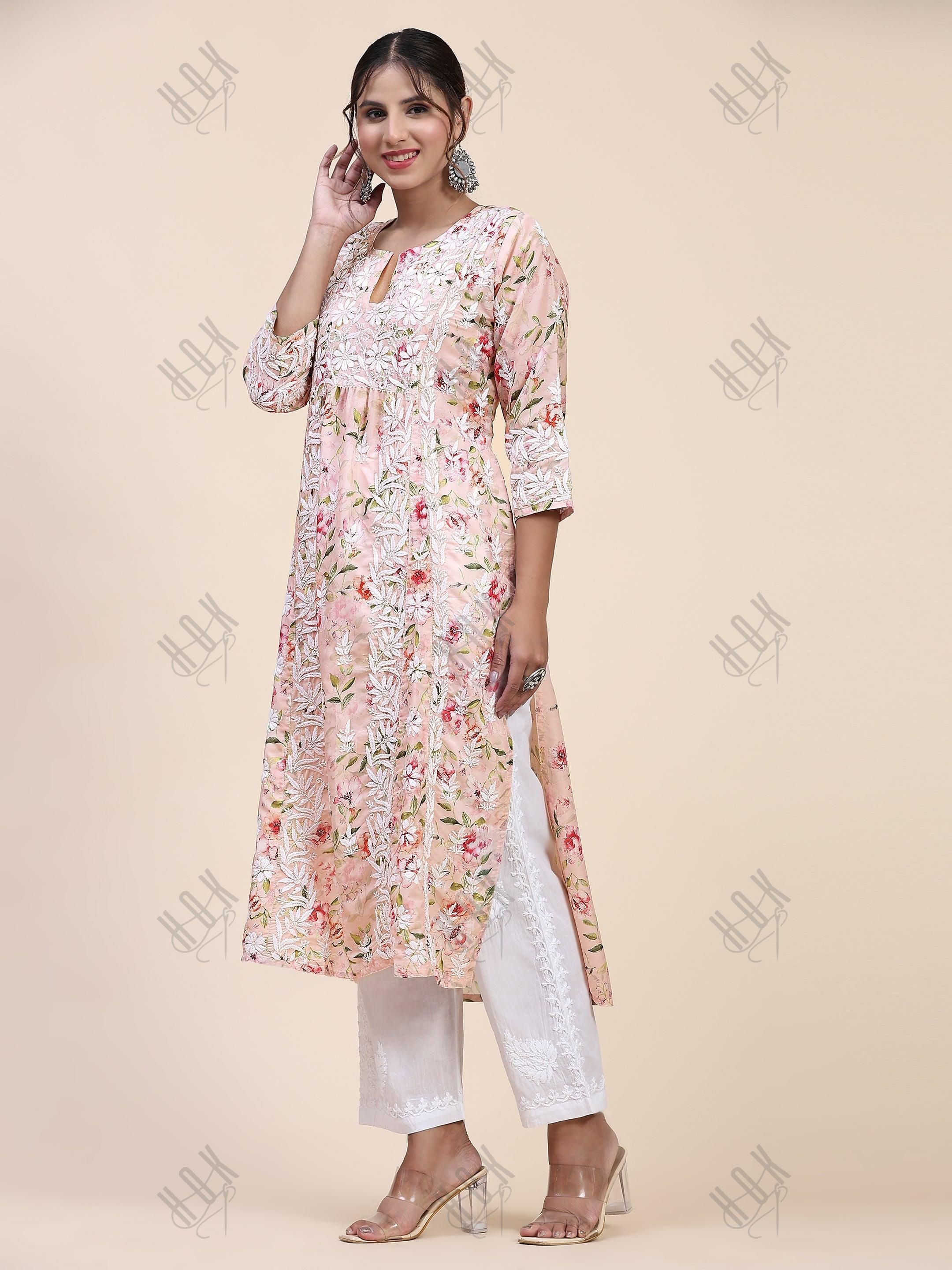 Fizaa Chikankari Long Kurta in Muslin Cotton for Women- Pink Print - House Of Kari (Chikankari Clothing)