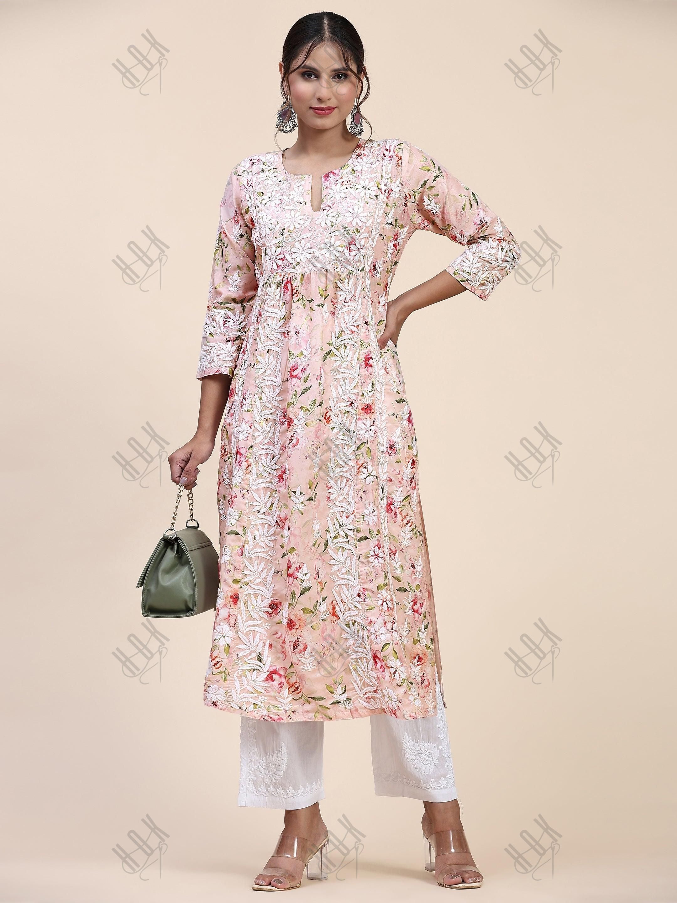 Farheen in Chikankari Long Kurta in Muslin Cotton for Women- Pink Print - House Of Kari (Chikankari Clothing)