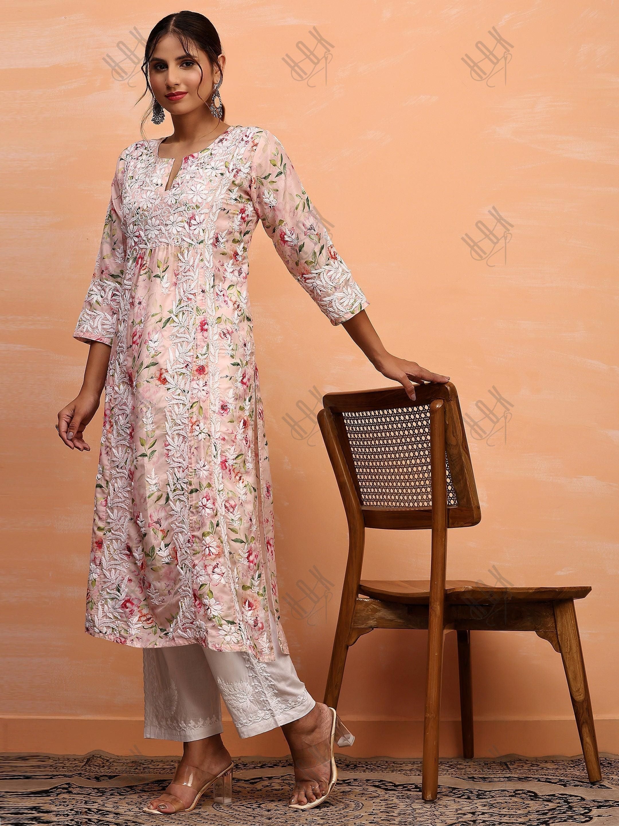 Farheen in Chikankari Long Kurta in Muslin Cotton for Women- Pink Print - House Of Kari (Chikankari Clothing)