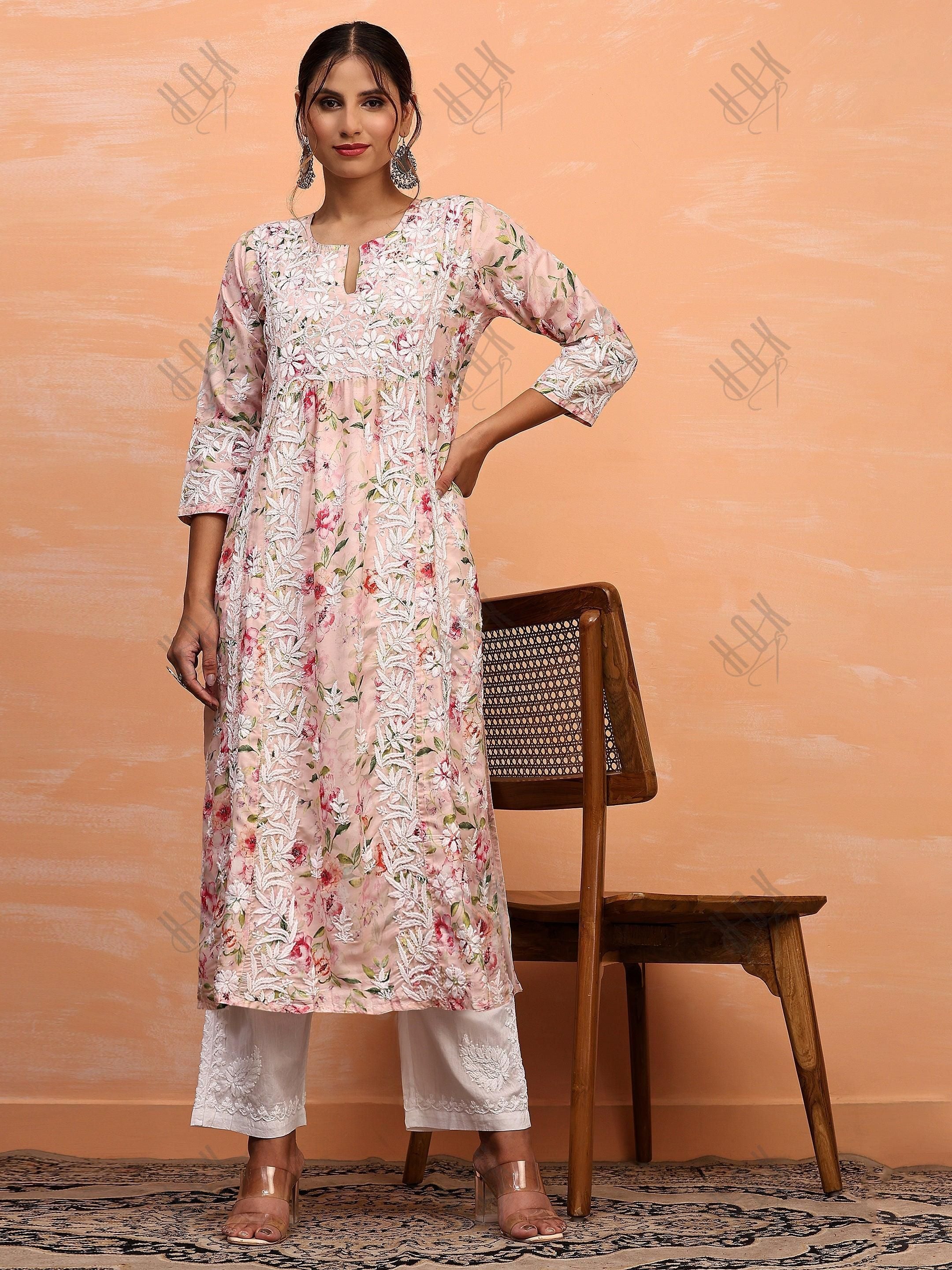 Farheen in Chikankari Long Kurta in Muslin Cotton for Women- Pink Print - House Of Kari (Chikankari Clothing)