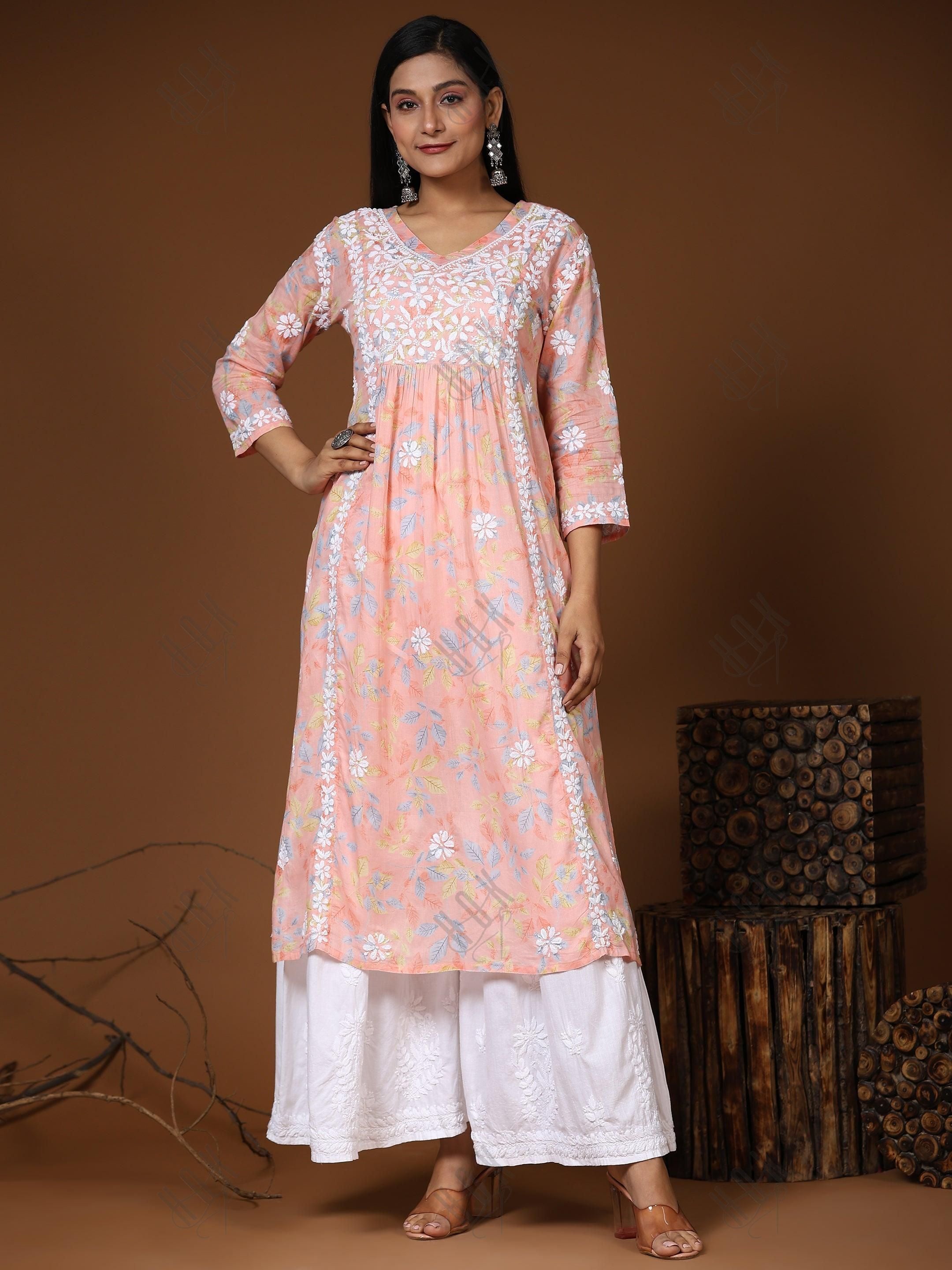 Samma Mul Printed Hand Embroidery Chikankari Kurta- Peach - House Of Kari (Chikankari Clothing)