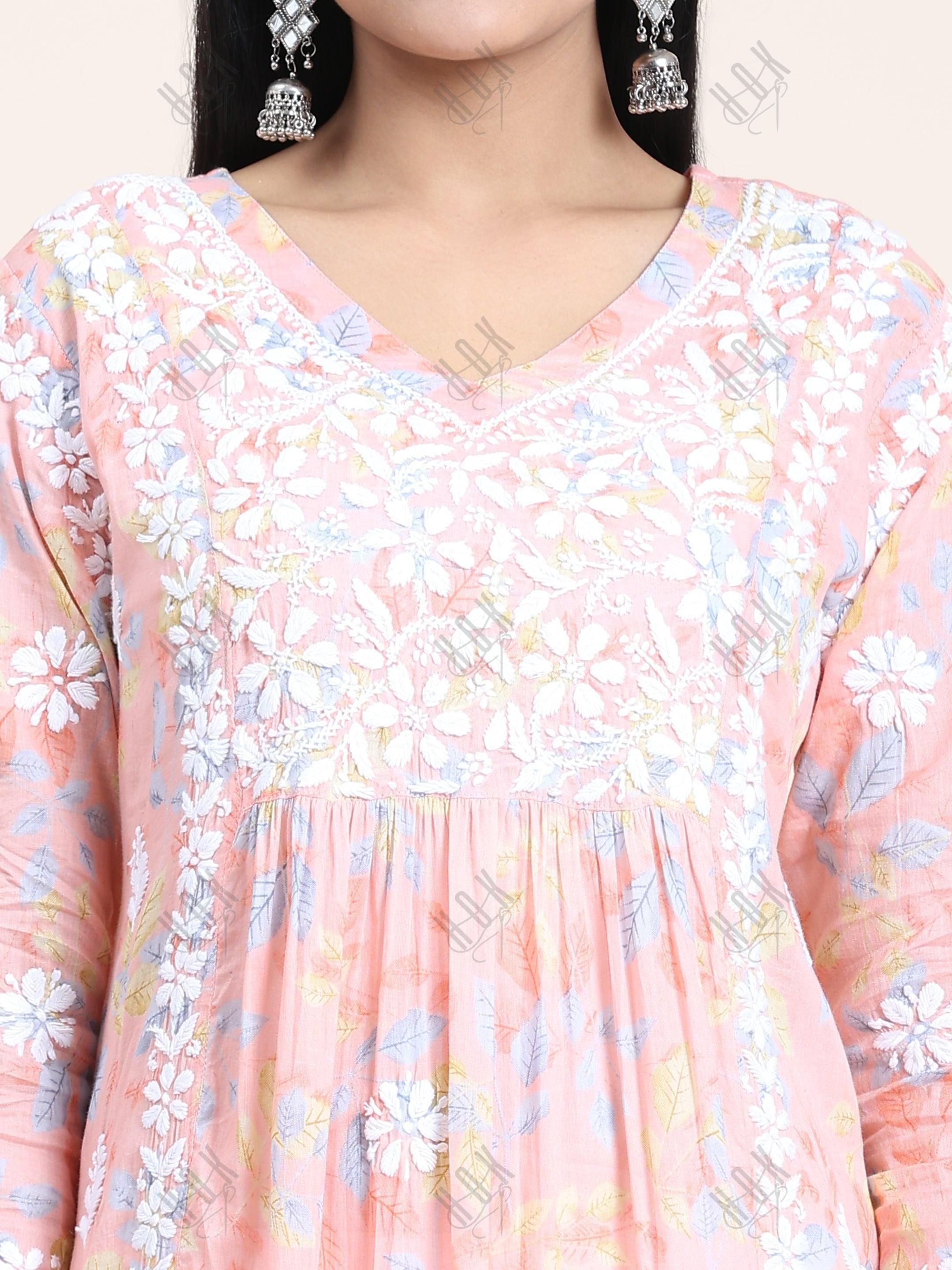 Samma Mul Printed Hand Embroidery Chikankari Kurta- Peach - House Of Kari (Chikankari Clothing)