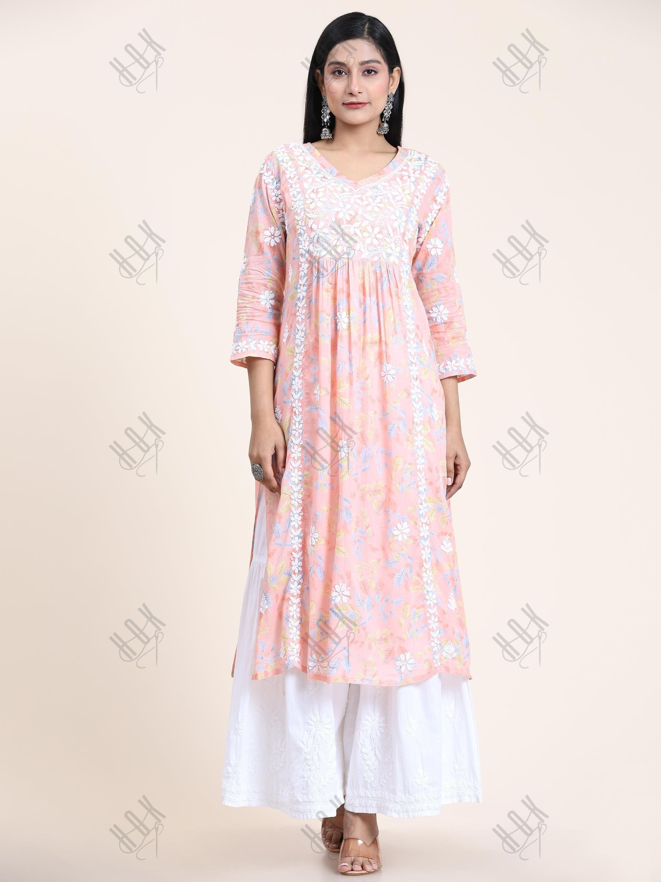 Samma Mul Printed Hand Embroidery Chikankari Kurta- Peach - House Of Kari (Chikankari Clothing)