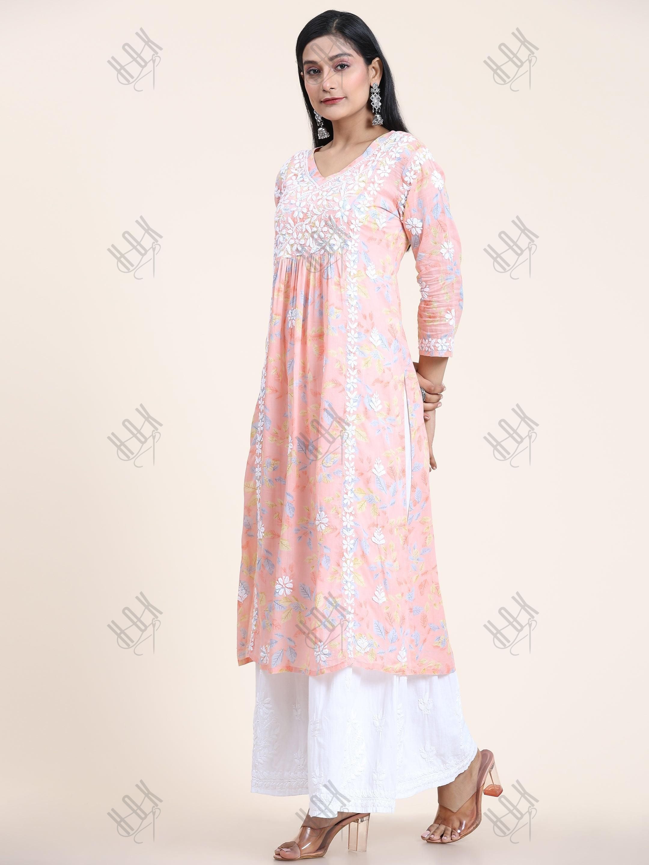 Samma Mul Printed Hand Embroidery Chikankari Kurta- Peach - House Of Kari (Chikankari Clothing)