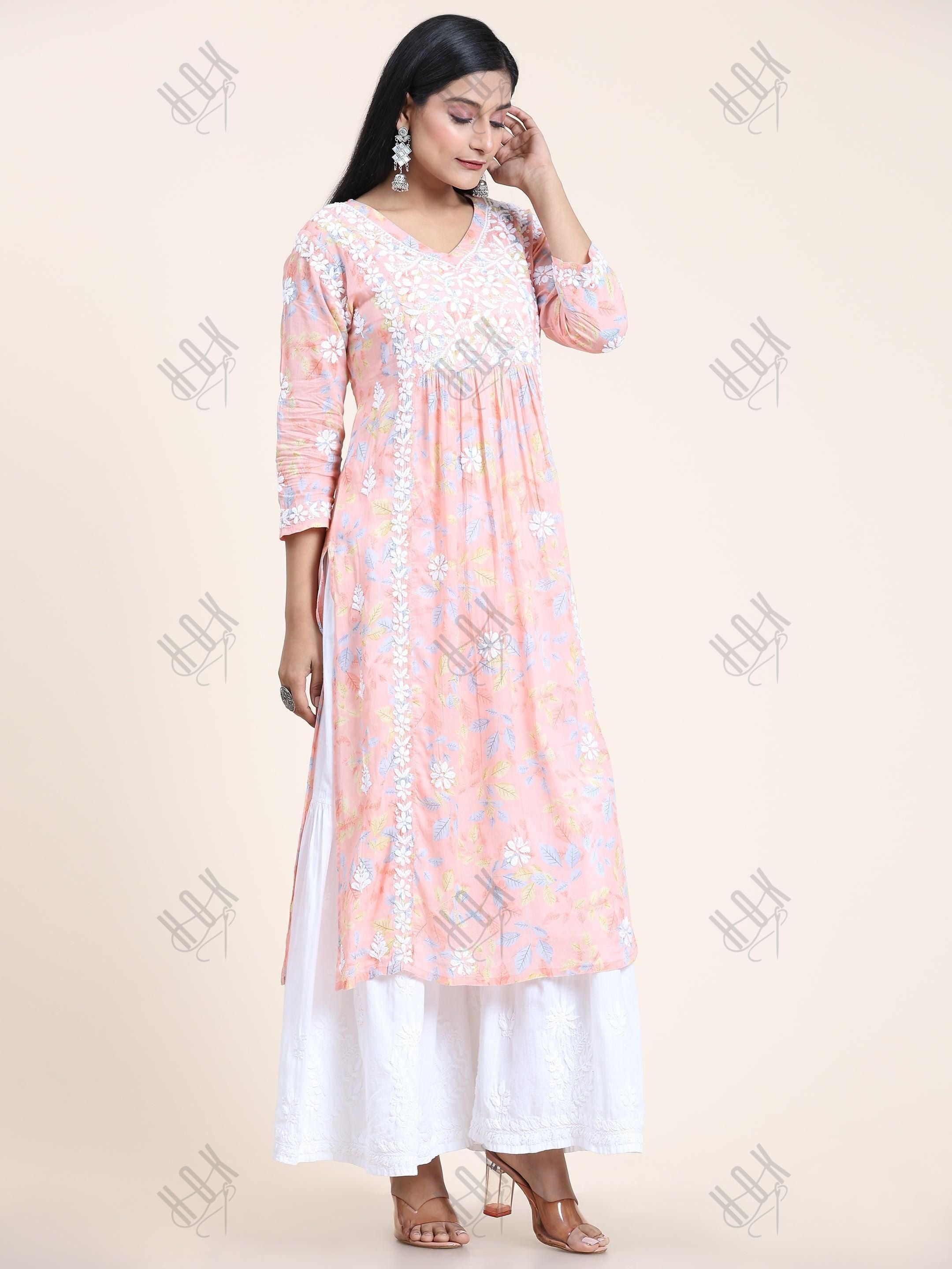 Samma Mul Printed Hand Embroidery Chikankari Kurta- Peach - House Of Kari (Chikankari Clothing)