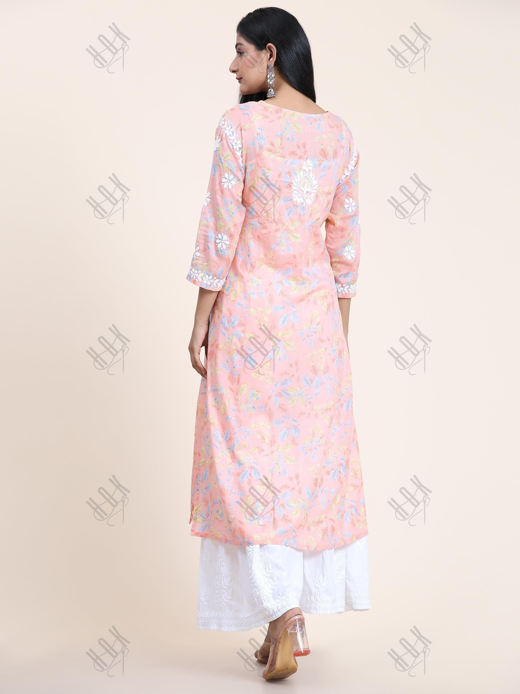 Samma Mul Printed Hand Embroidery Chikankari Kurta- Peach - House Of Kari (Chikankari Clothing)