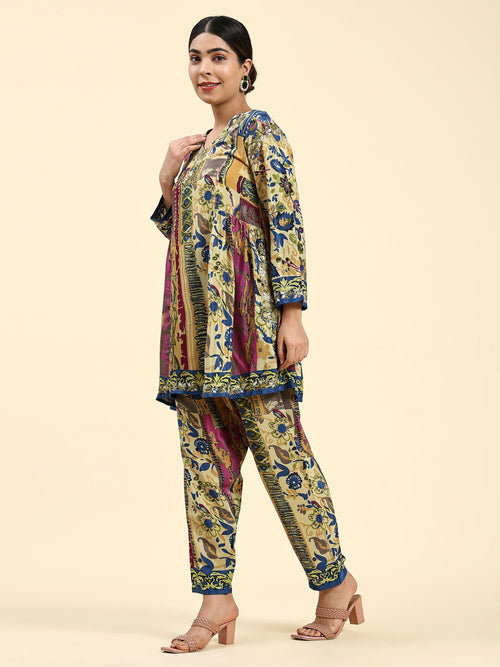 Samma Chikankari Co-ord Set in Polysilk for Women- Green Golden - House Of Kari (Chikankari Clothing)