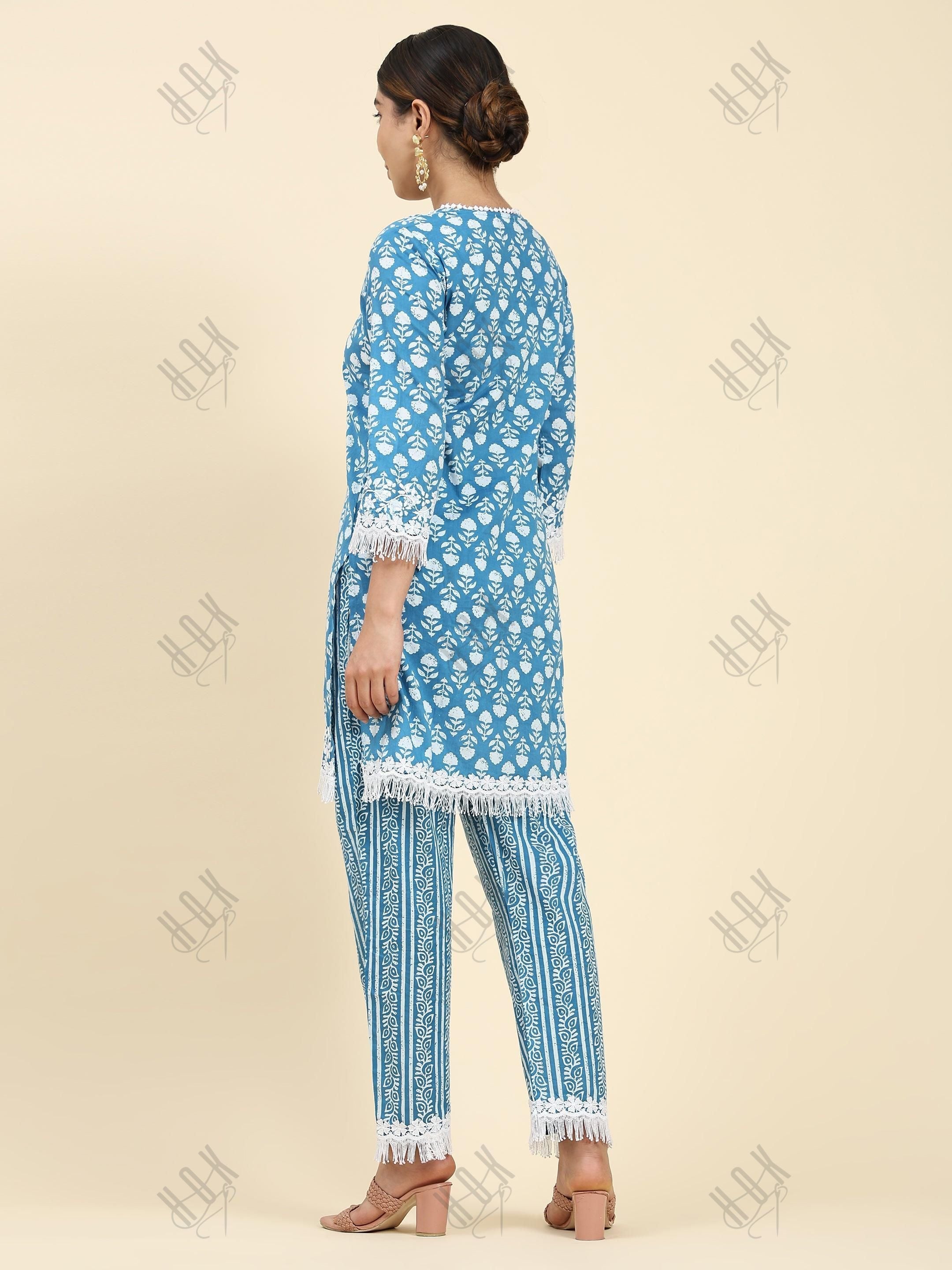 Samma Chikankari Co-ord set in Cotton for Women- Blue - House Of Kari (Chikankari Clothing)