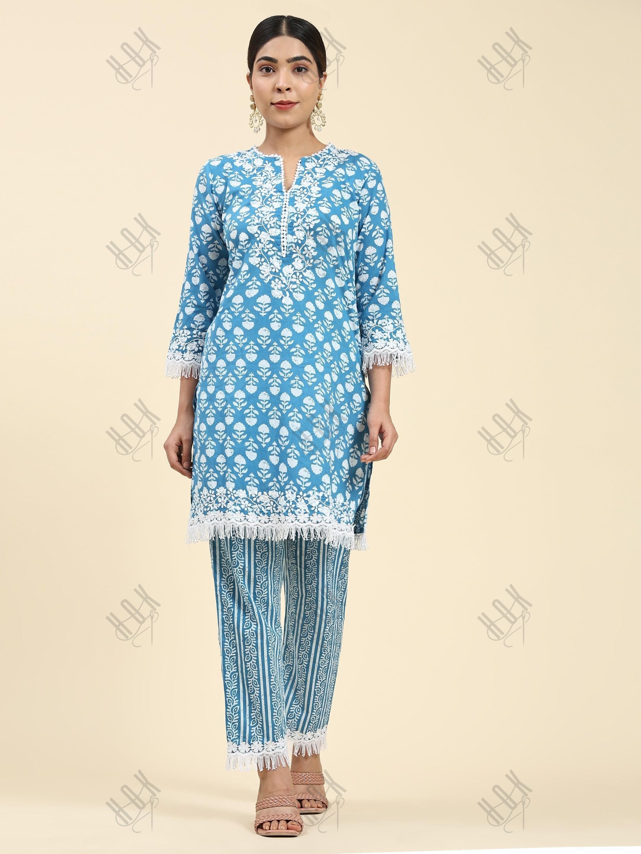 Samma Chikankari Co-ord set in Cotton for Women- Blue - House Of Kari (Chikankari Clothing)