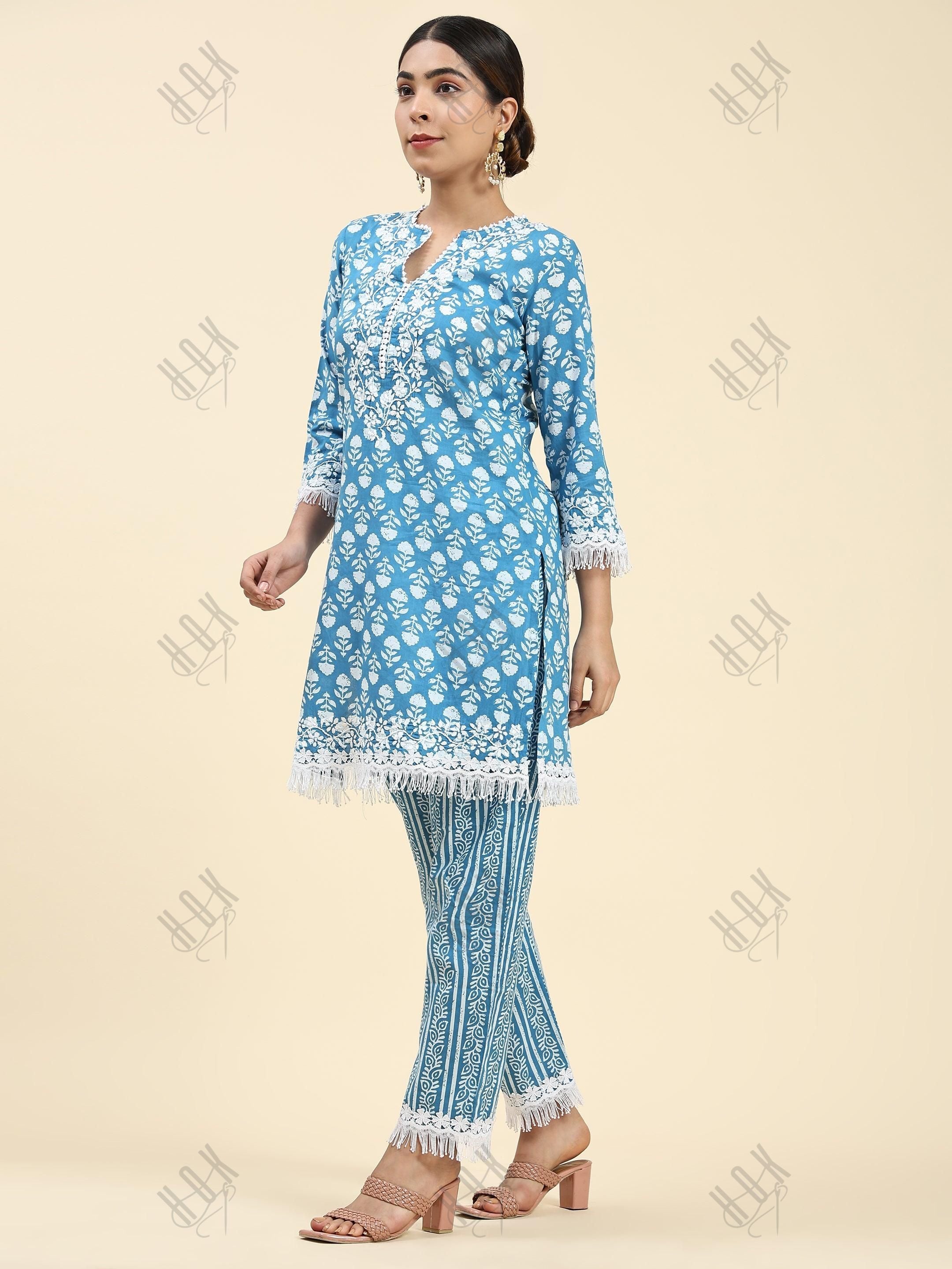 Samma Chikankari Co-ord set in Cotton for Women- Blue - House Of Kari (Chikankari Clothing)