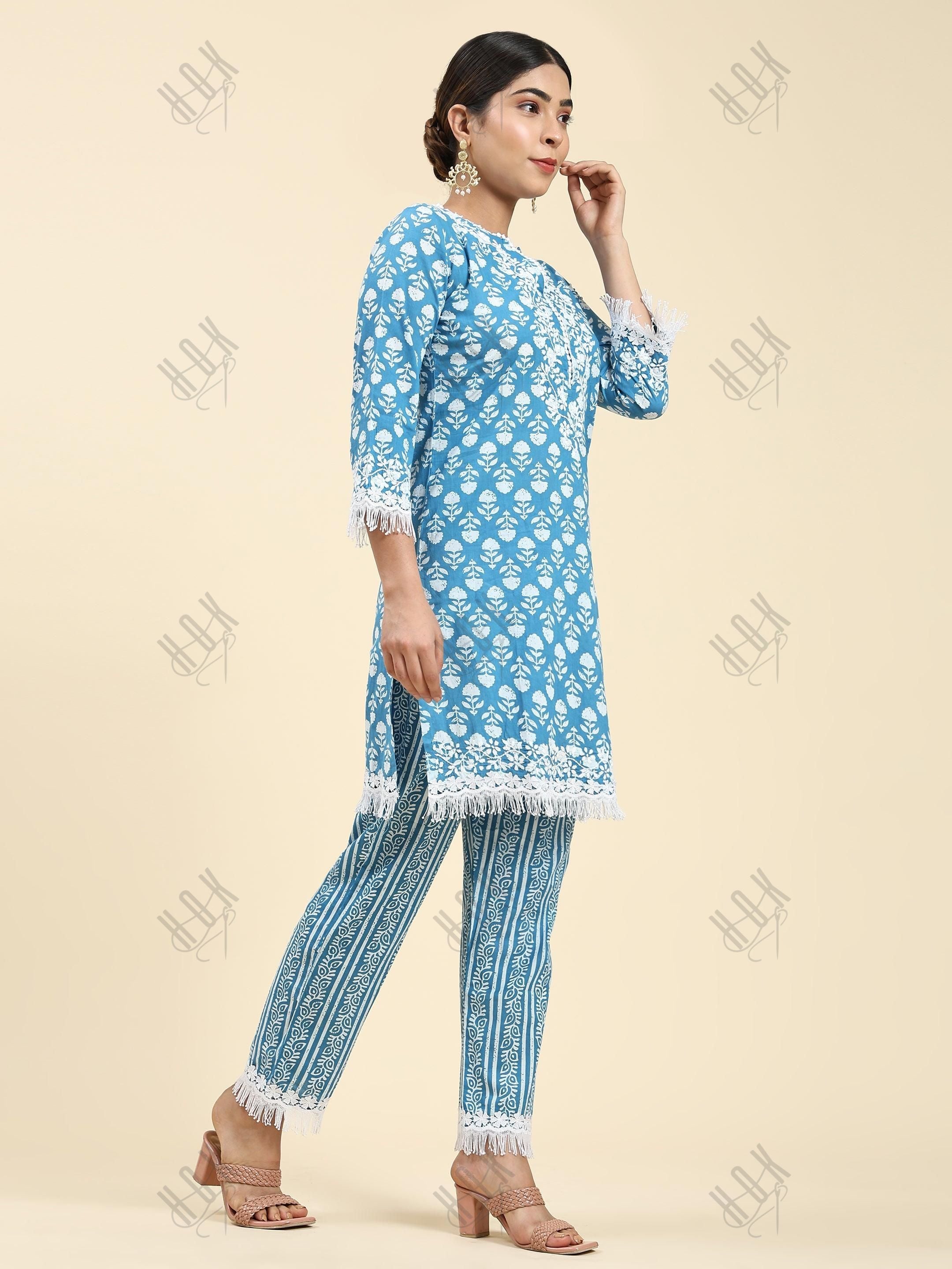 Samma Chikankari Co-ord set in Cotton for Women- Blue - House Of Kari (Chikankari Clothing)