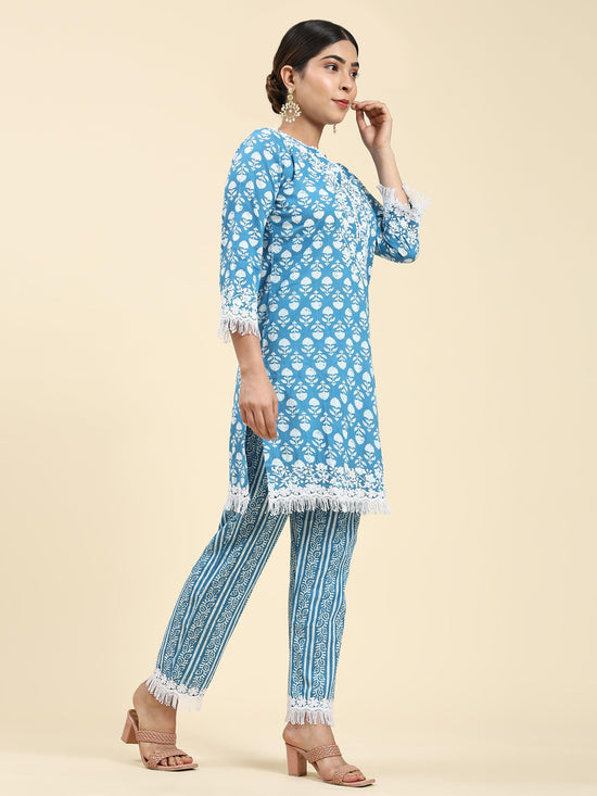 Samma Chikankari Co-ord set in Cotton for Women- Blue - House Of Kari (Chikankari Clothing)