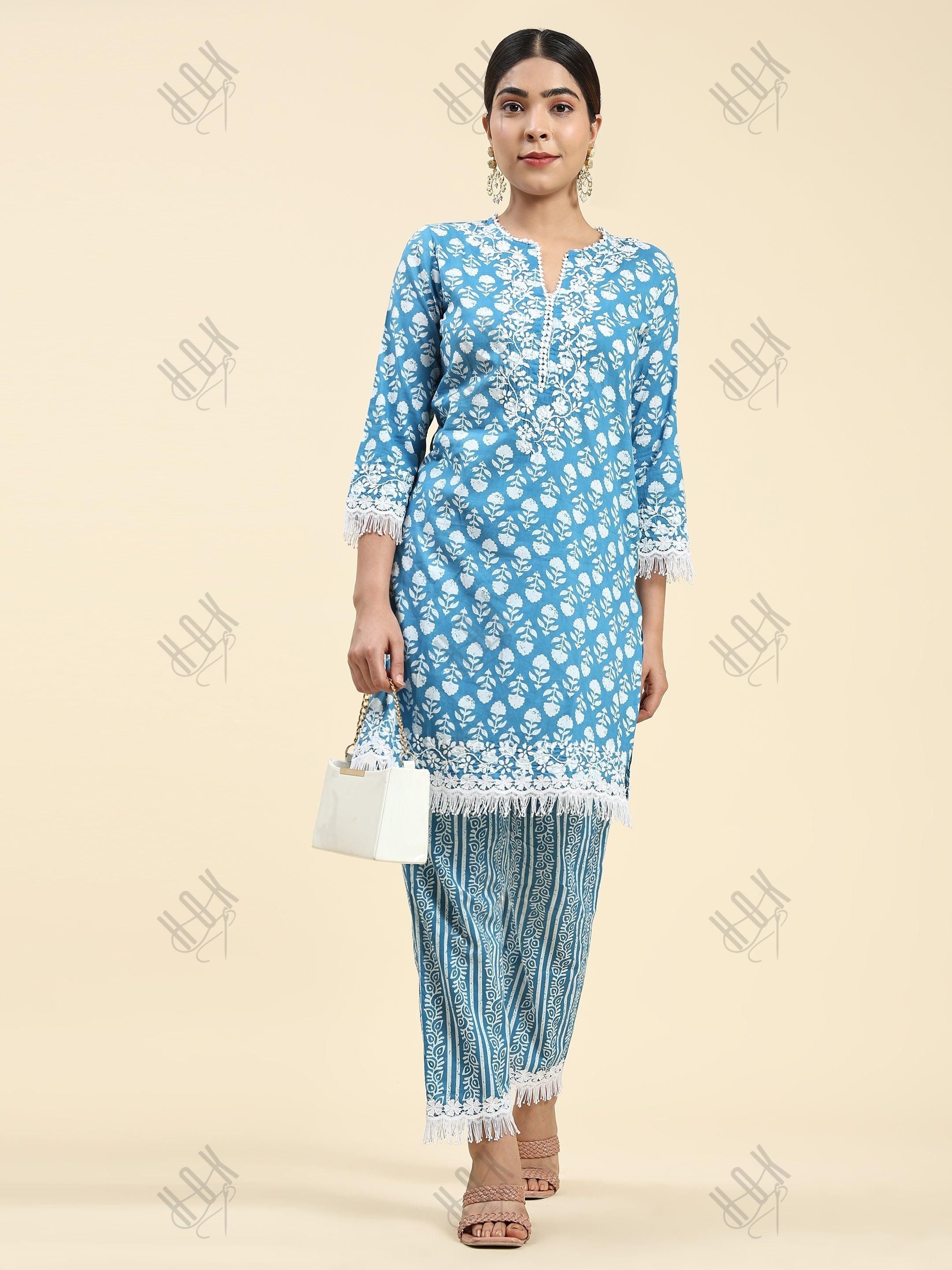 Samma Chikankari Co-ord set in Cotton for Women- Blue - House Of Kari (Chikankari Clothing)