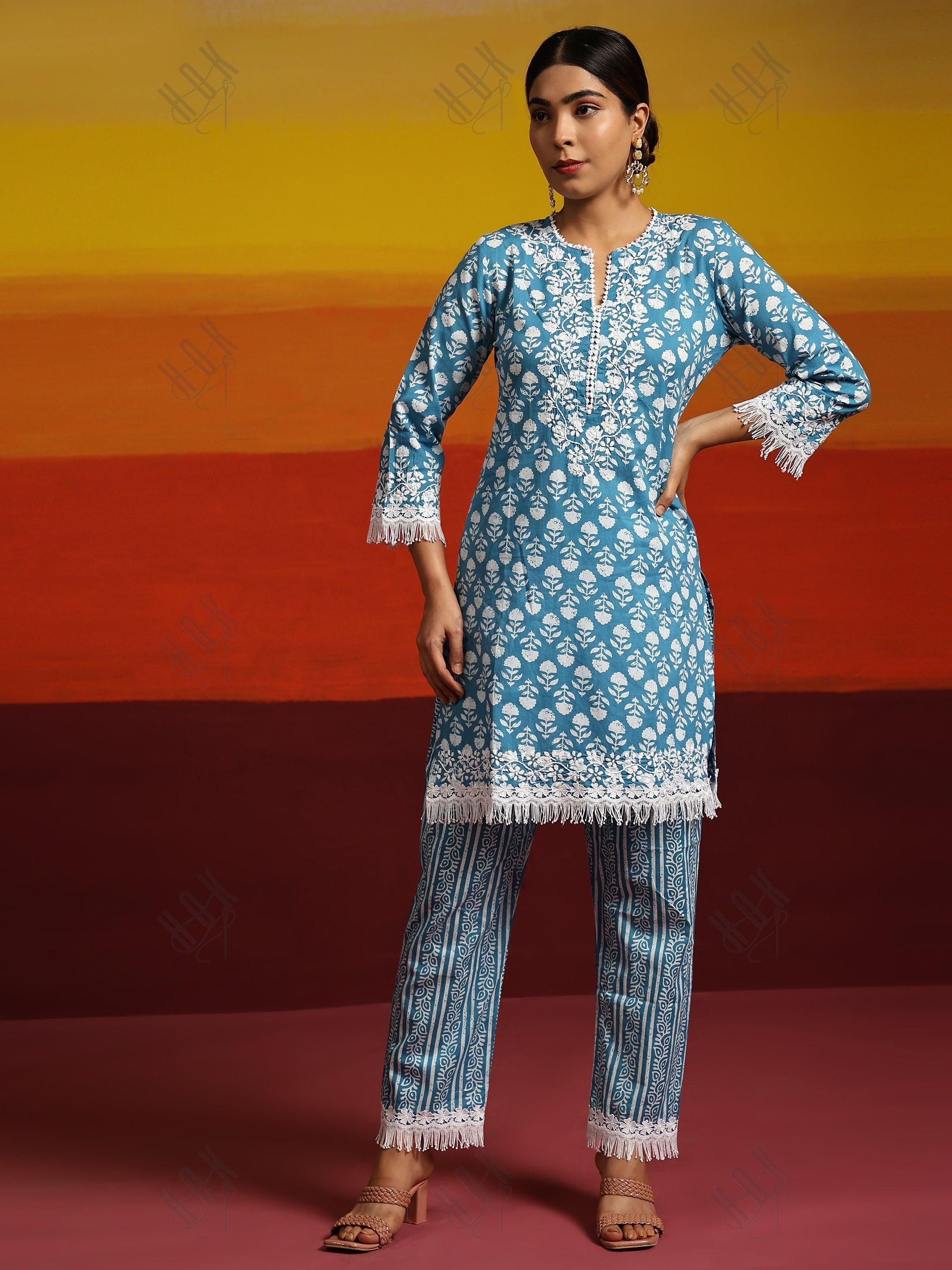 Samma Chikankari Co-ord set in Cotton for Women- Blue - House Of Kari (Chikankari Clothing)