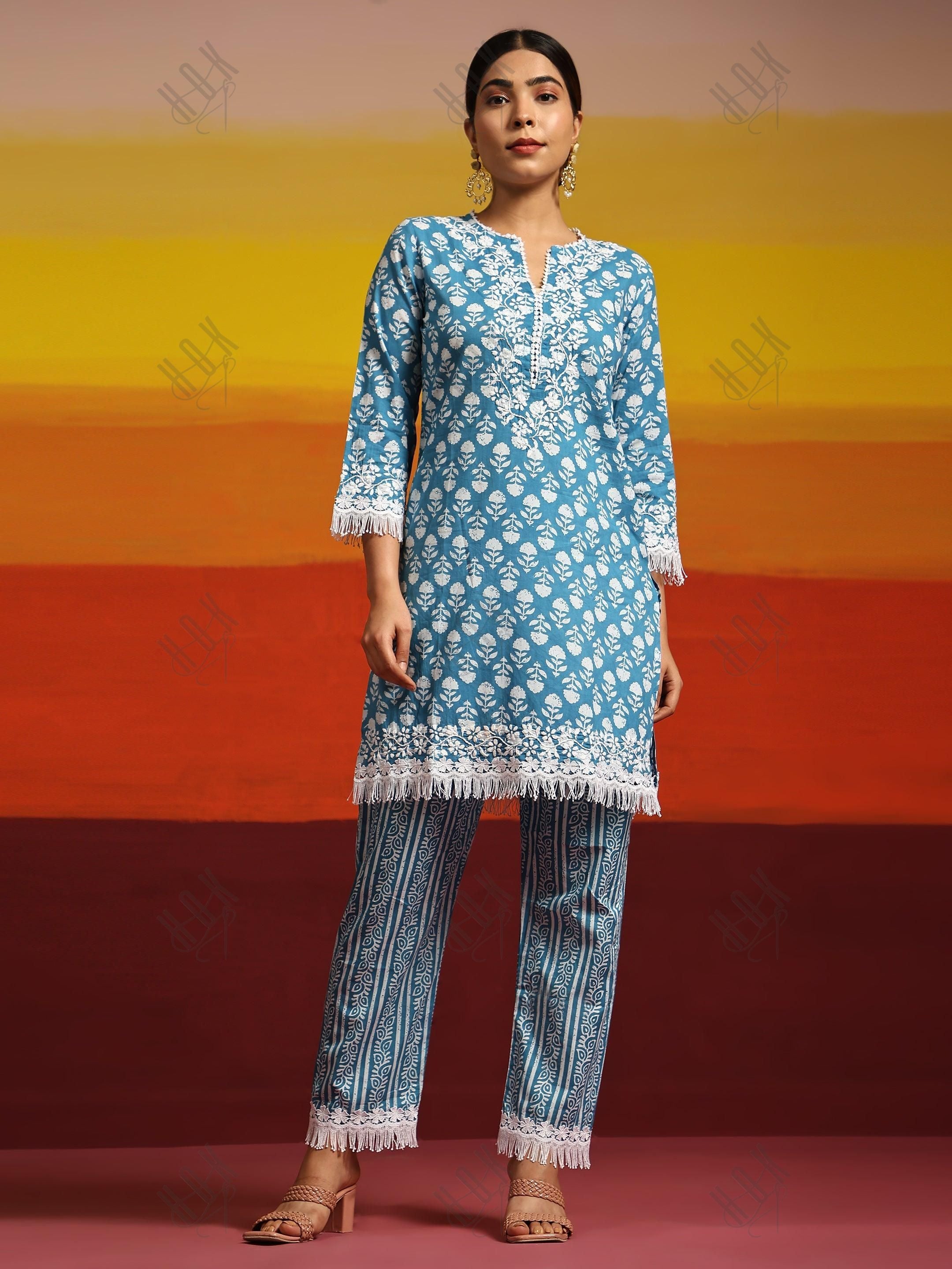 Samma Chikankari Co-ord set in Polysilk for Women- Blue Print - House Of  Kari (Chikankari Clothing)