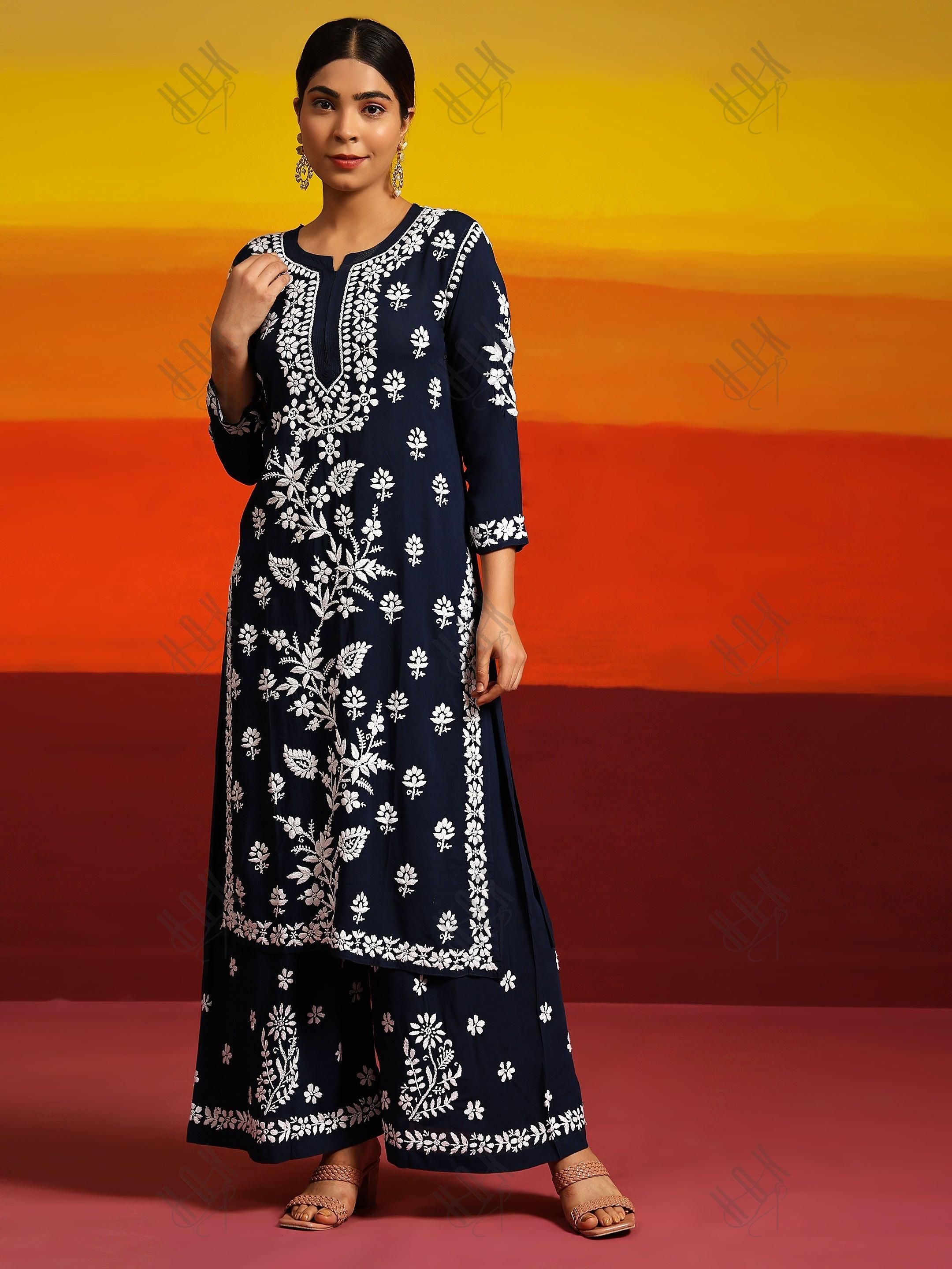 Samma Premium Hand Embroidery Chikankari Co-Ord Set in Modal Cotton Blue - House Of Kari (Chikankari Clothing)