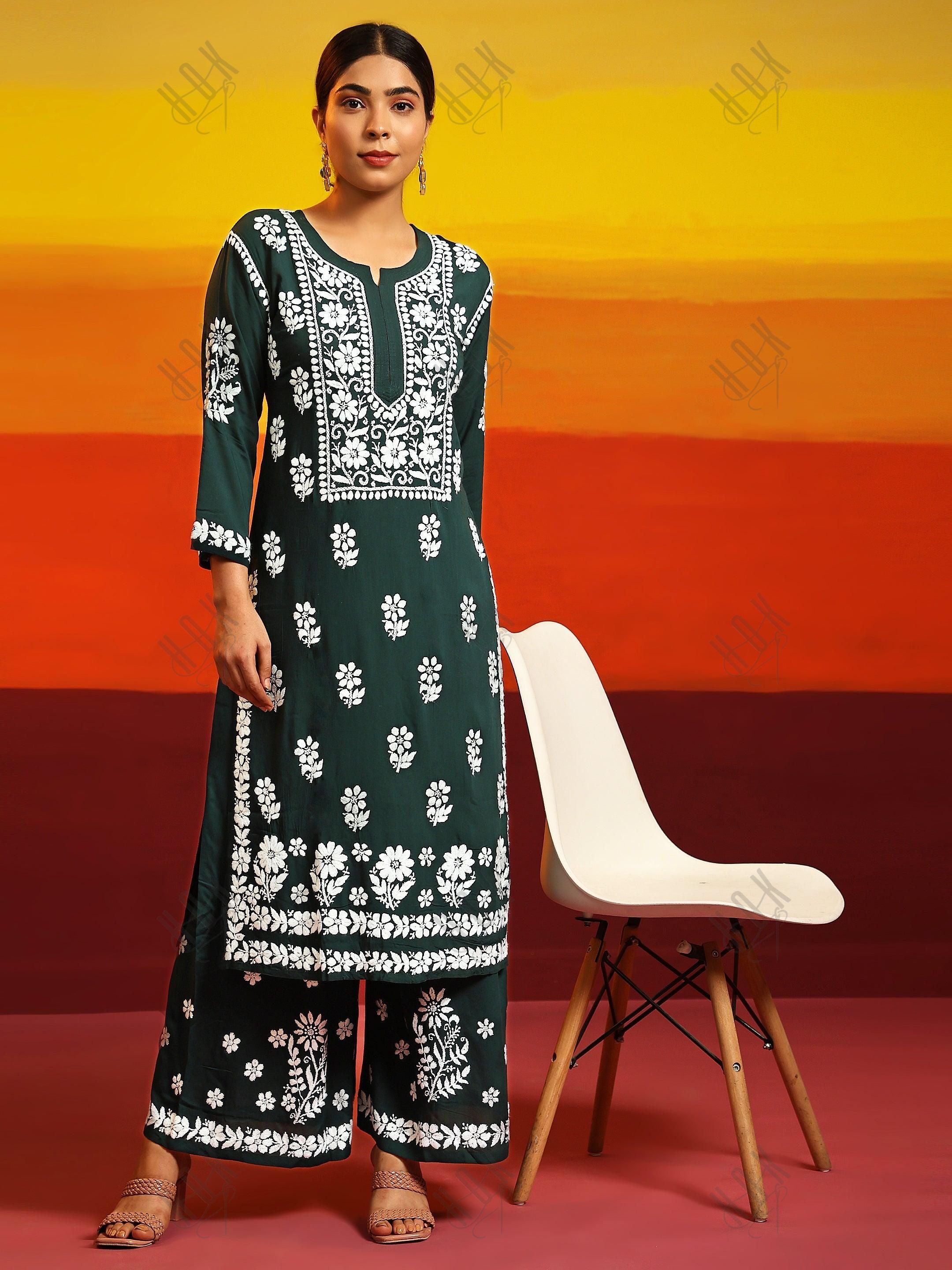 Samma Premium Hand Embroidery Chikankari Co-Ord Set in Modal Cotton Green - House Of Kari (Chikankari Clothing)