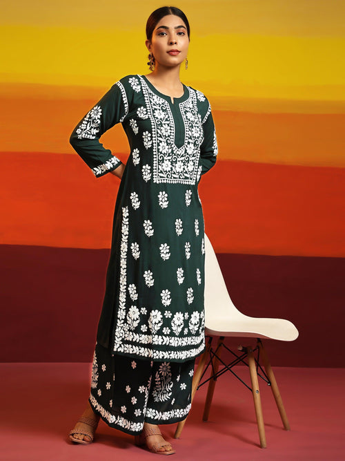 Load image into Gallery viewer, Samma Premium Hand Embroidery Chikankari Co-Ord Set in Modal Cotton Green - House Of Kari (Chikankari Clothing)
