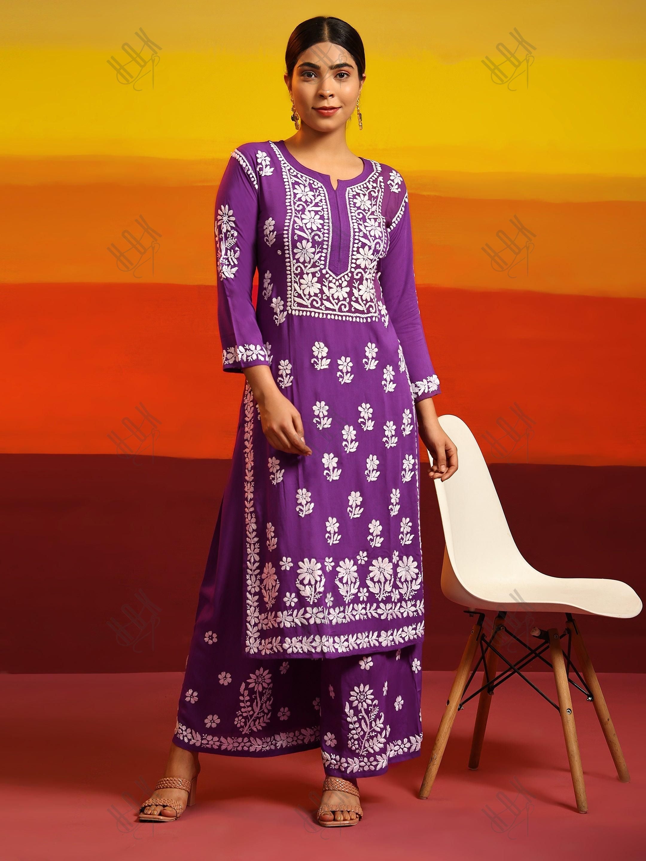 Samma Premium Hand Embroidery Chikankari Co-Ord Set in Modal Cotton Purple - House Of Kari (Chikankari Clothing)