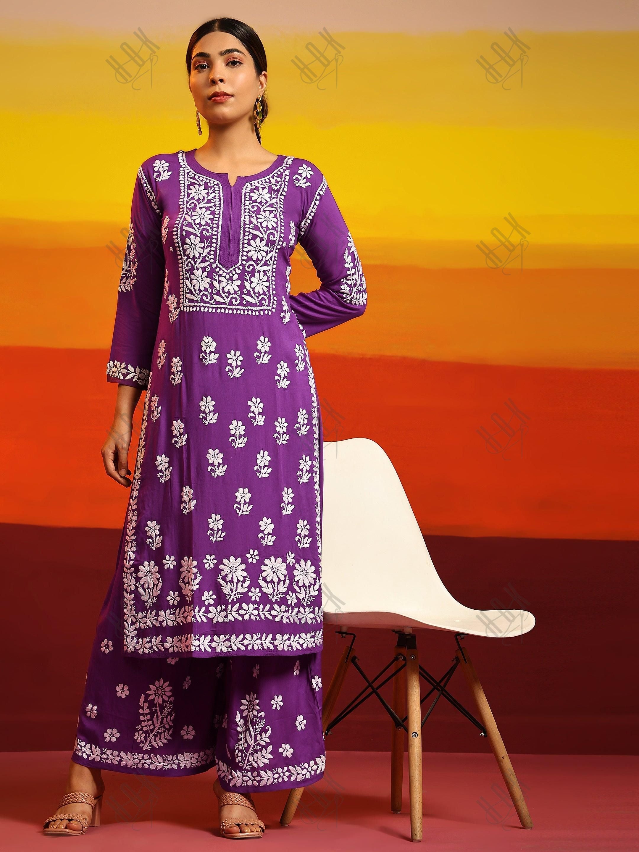 Samma Premium Hand Embroidery Chikankari Co-Ord Set in Modal Cotton Purple - House Of Kari (Chikankari Clothing)