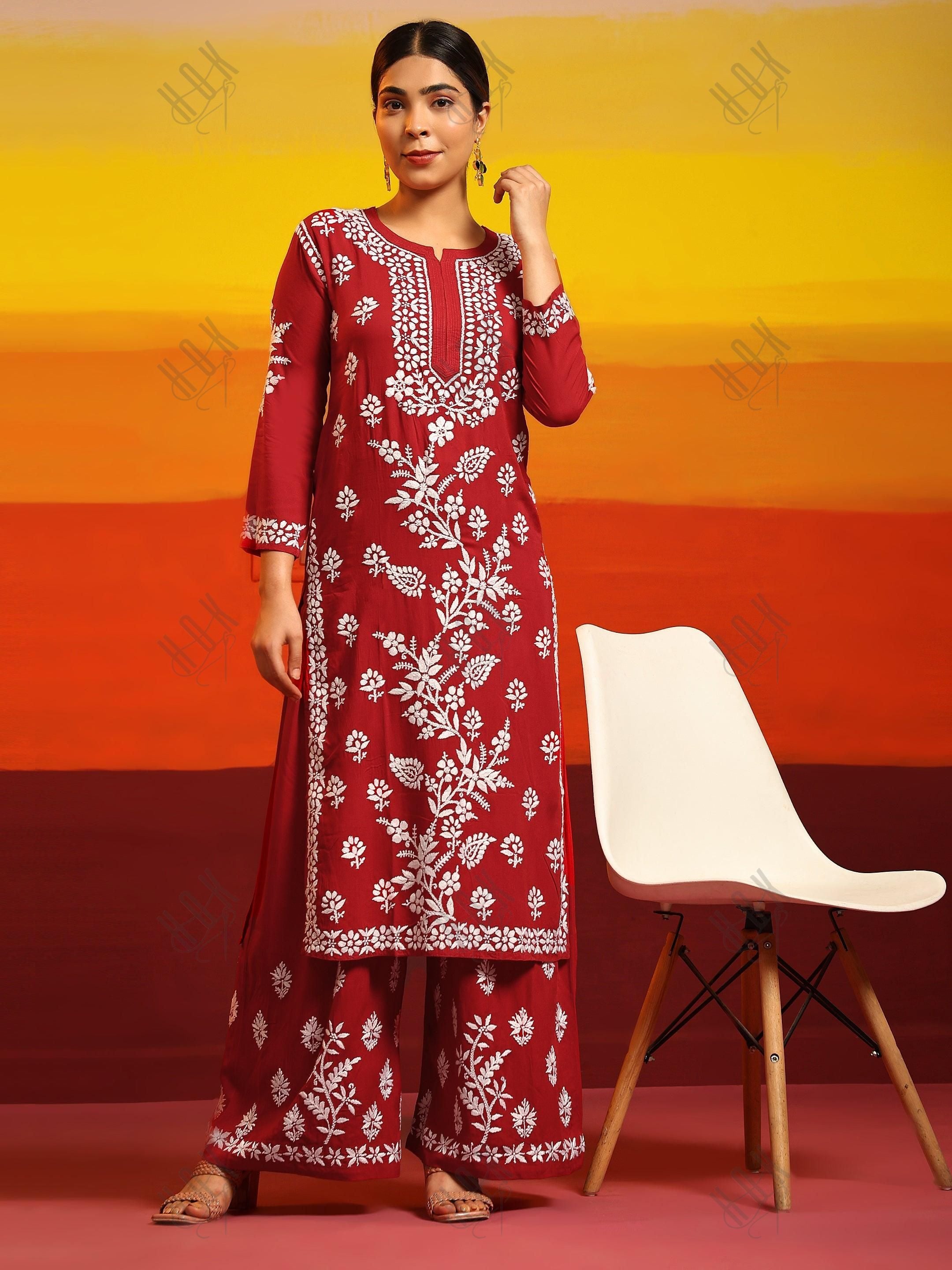 Samma Premium Hand Embroidery Chikankari Co-Ord Set in Modal Cotton - Red - House Of Kari (Chikankari Clothing)