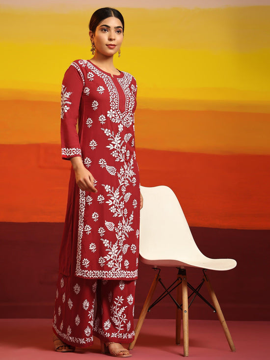Samma Premium Hand Embroidery Chikankari Co-Ord Set in Modal Cotton - Red - House Of Kari (Chikankari Clothing)