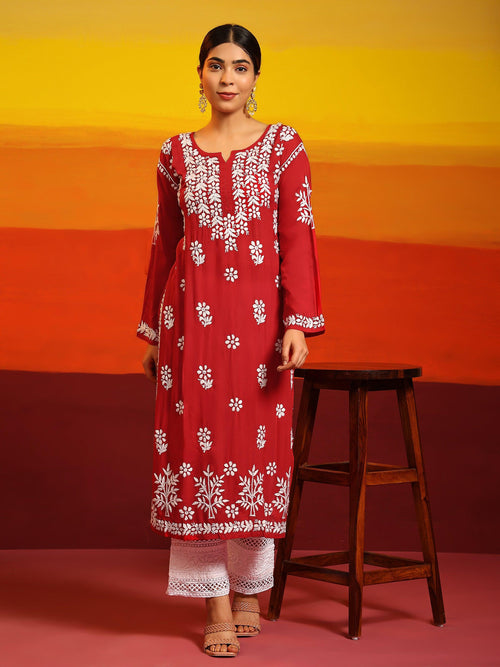 Load image into Gallery viewer, Samma Premium Hand Embroidery Chikankari Kurta in Modal Cotton- Red - House Of Kari (Chikankari Clothing)
