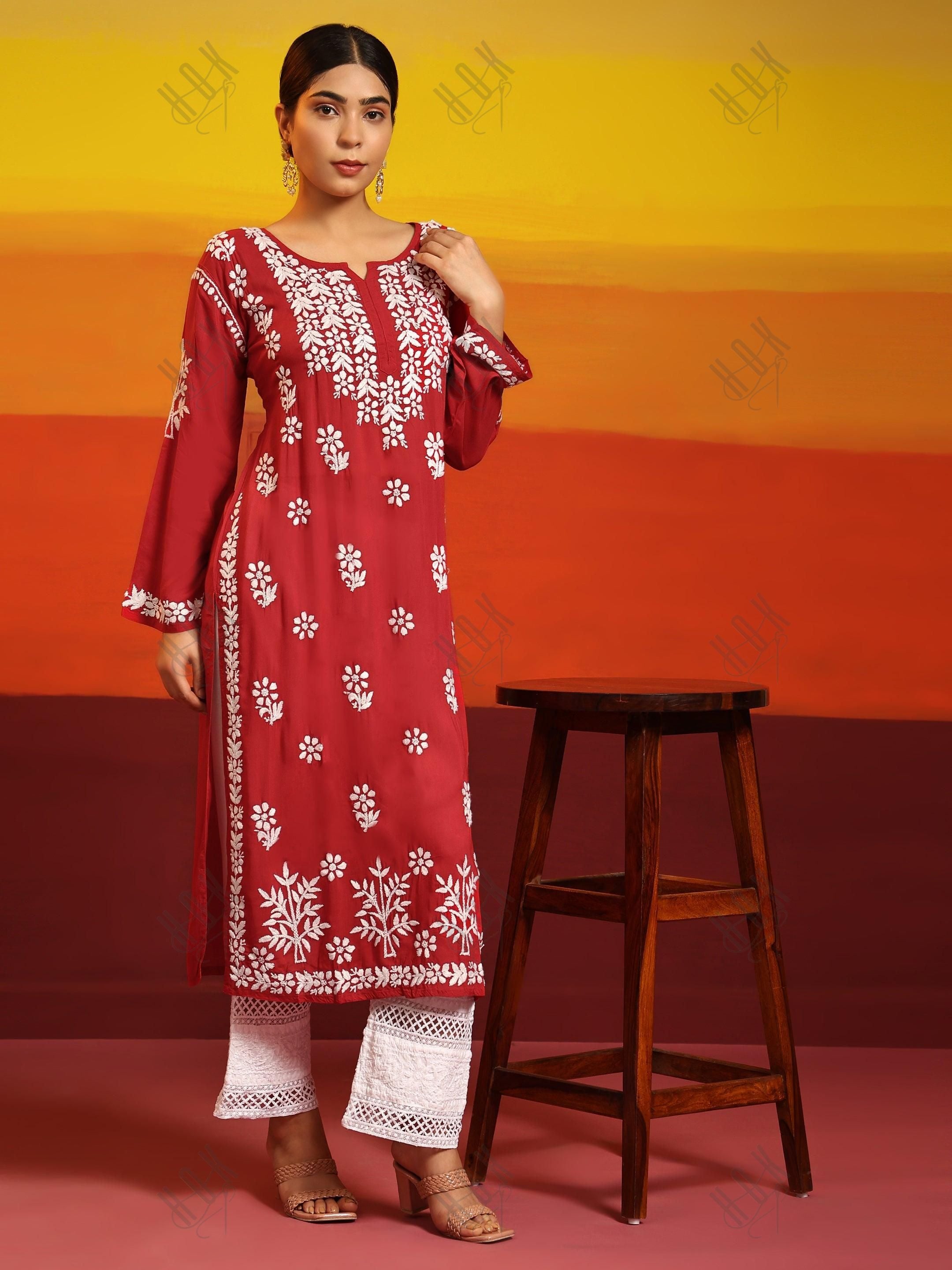 Samma Premium Hand Embroidery Chikankari Kurta in Modal Cotton- Red - House Of Kari (Chikankari Clothing)