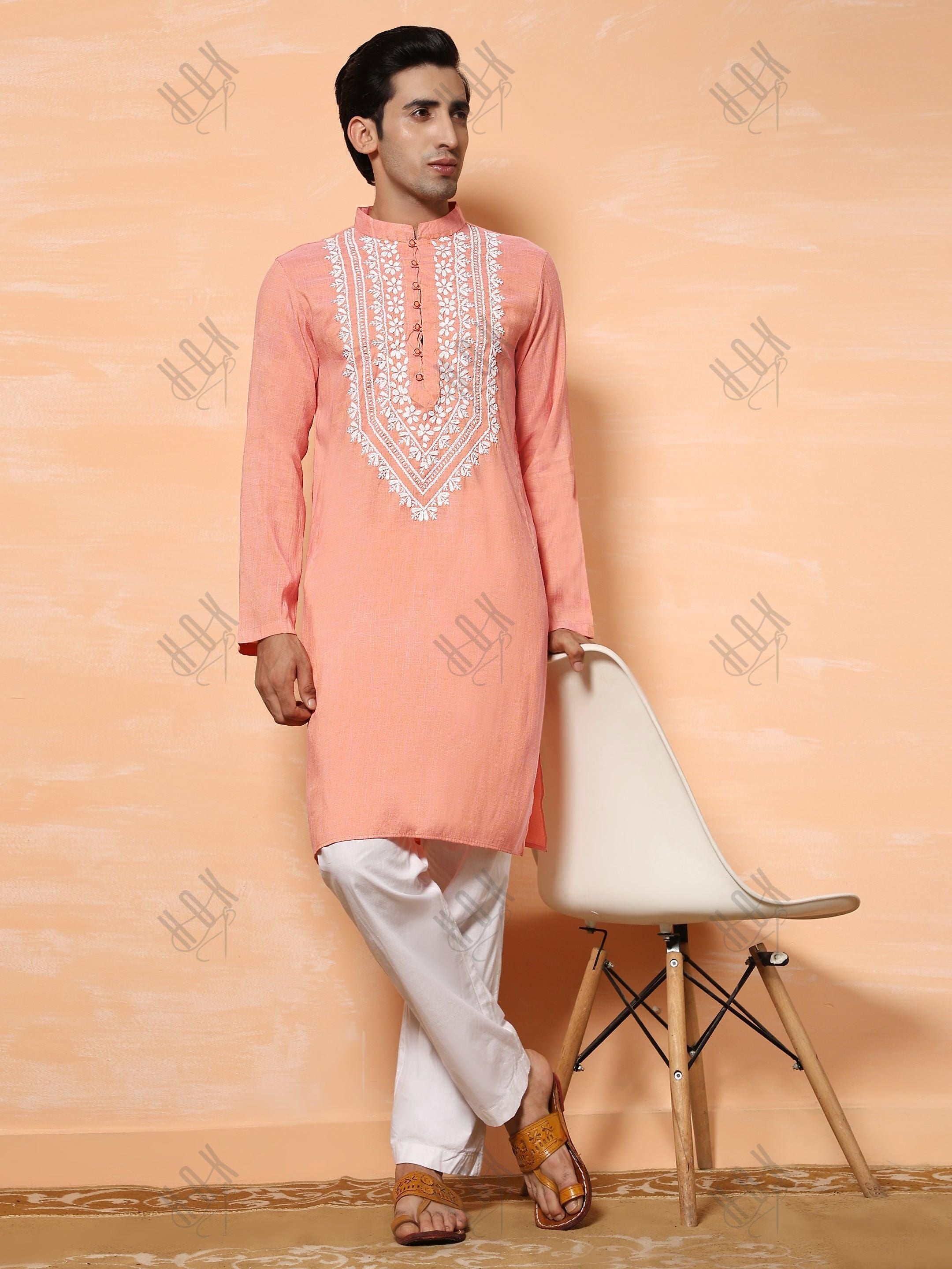 HOK Men's Chikankari Kurta in Cotton Silk Blend - Peach - House Of Kari (Chikankari Clothing)