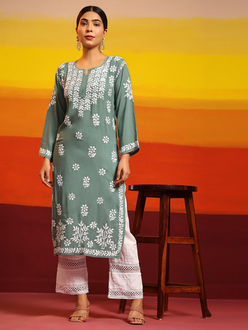Samma Premium Hand Embroidery Chikankari Kurta in Modal Cotton- Pista Green - House Of Kari (Chikankari Clothing)