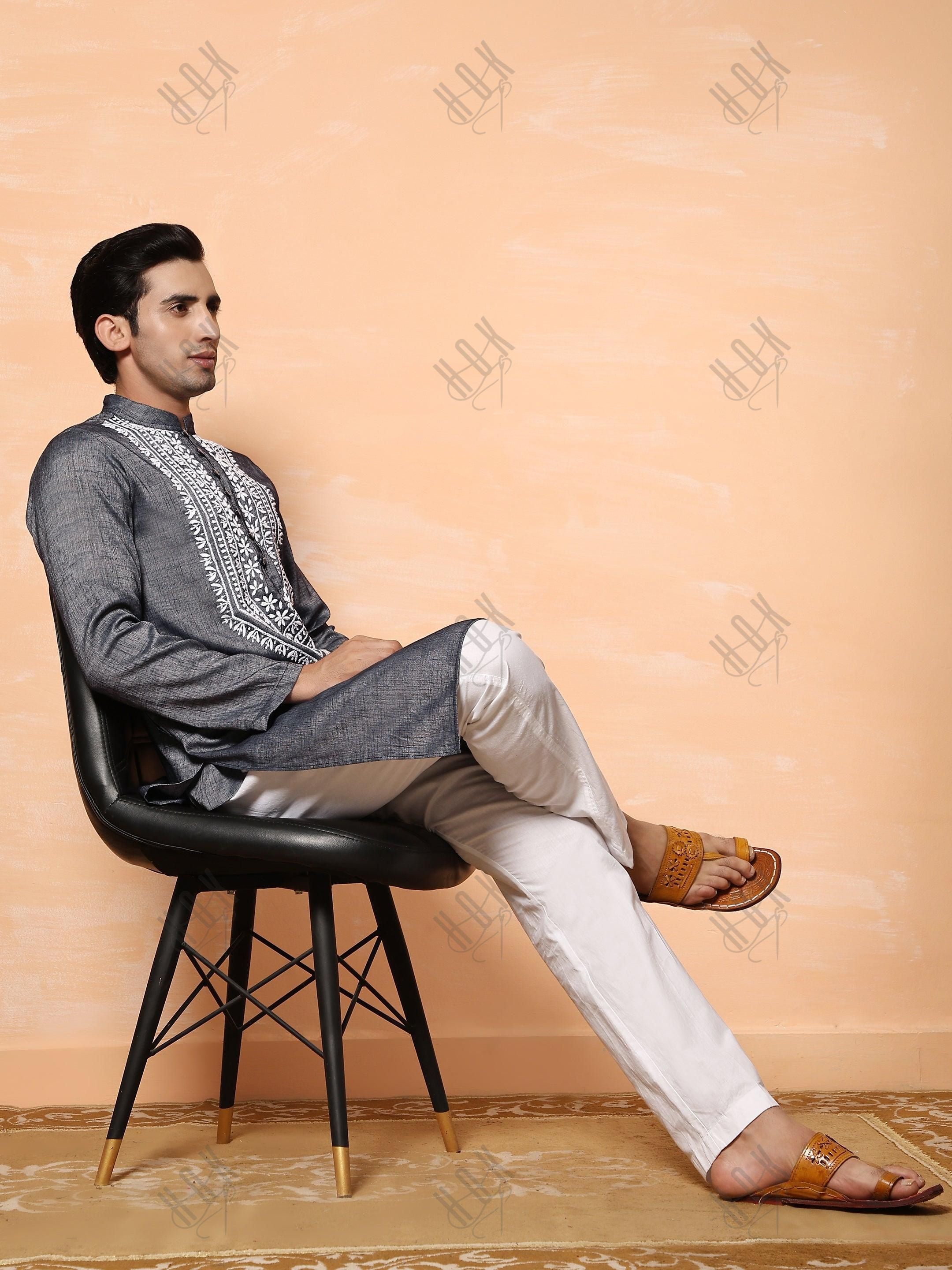 HOK Men's Chikankari Kurta in Cotton Silk Blend - Grey - House Of Kari (Chikankari Clothing)