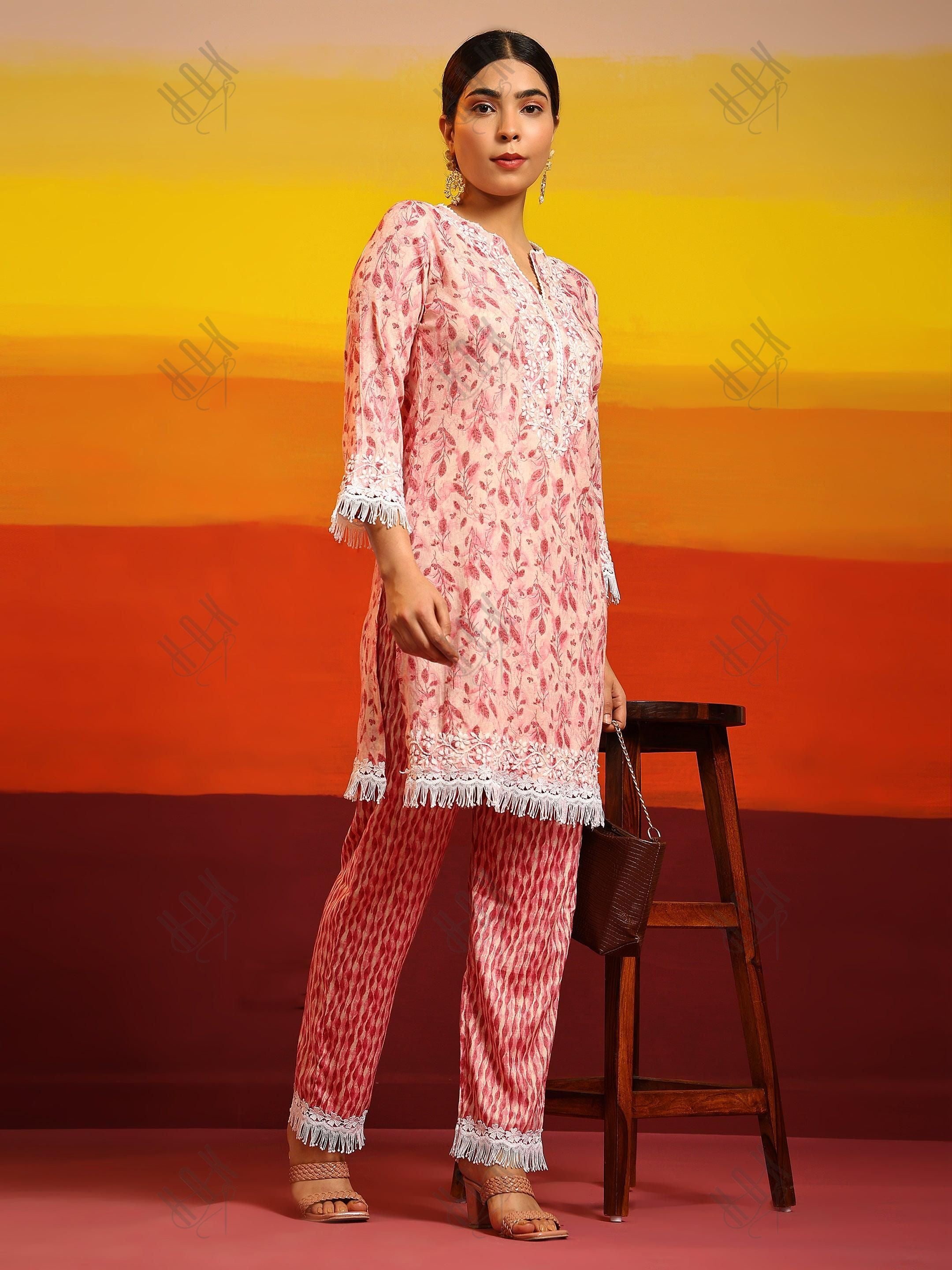 Samma Chikankari Co-ord set in Cotton for Women- Peach - House Of Kari (Chikankari Clothing)