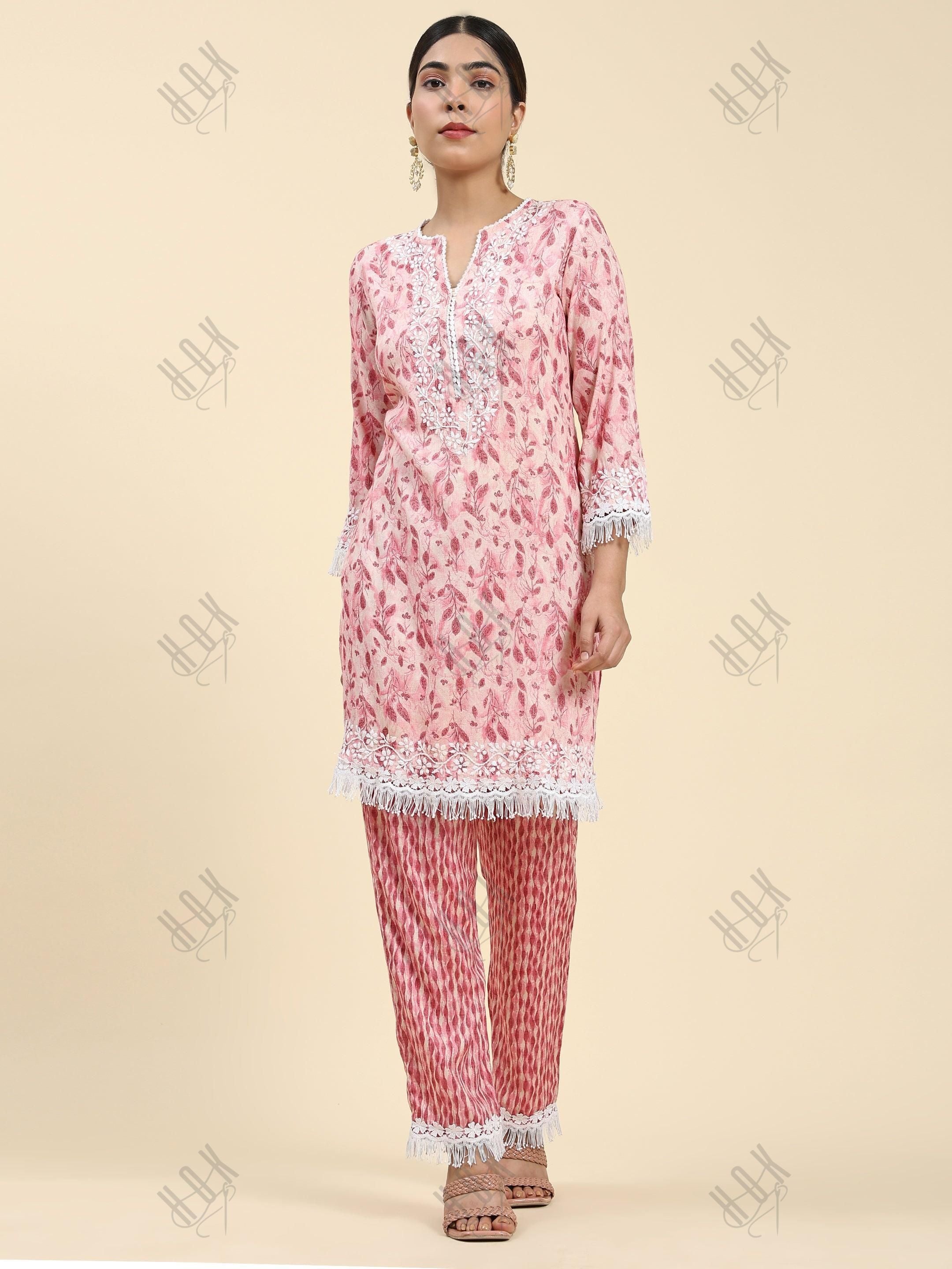 Samma Chikankari Co-ord set in Cotton for Women- Peach - House Of Kari (Chikankari Clothing)