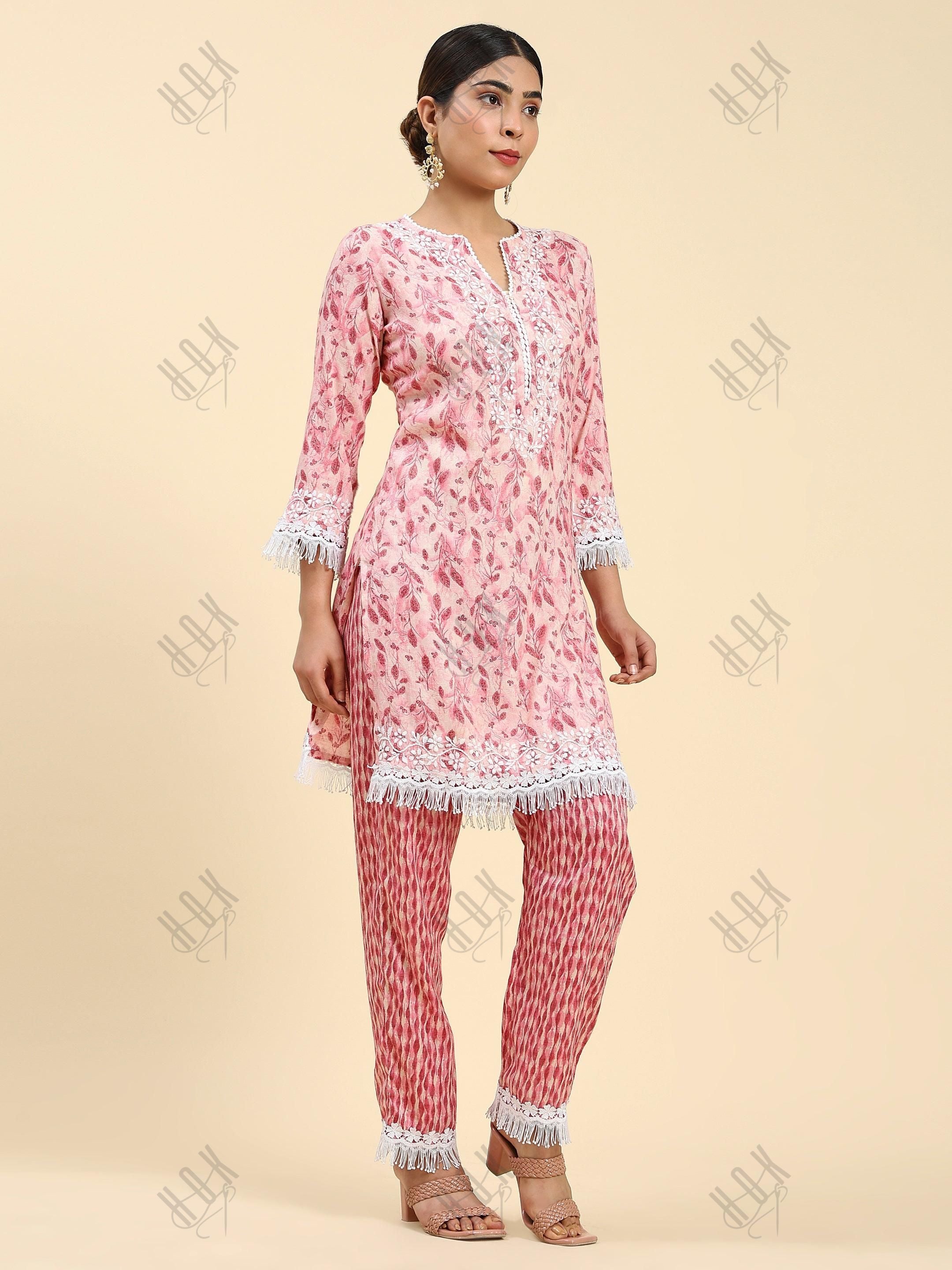 Samma Chikankari Co-ord set in Cotton for Women- Peach - House Of Kari (Chikankari Clothing)