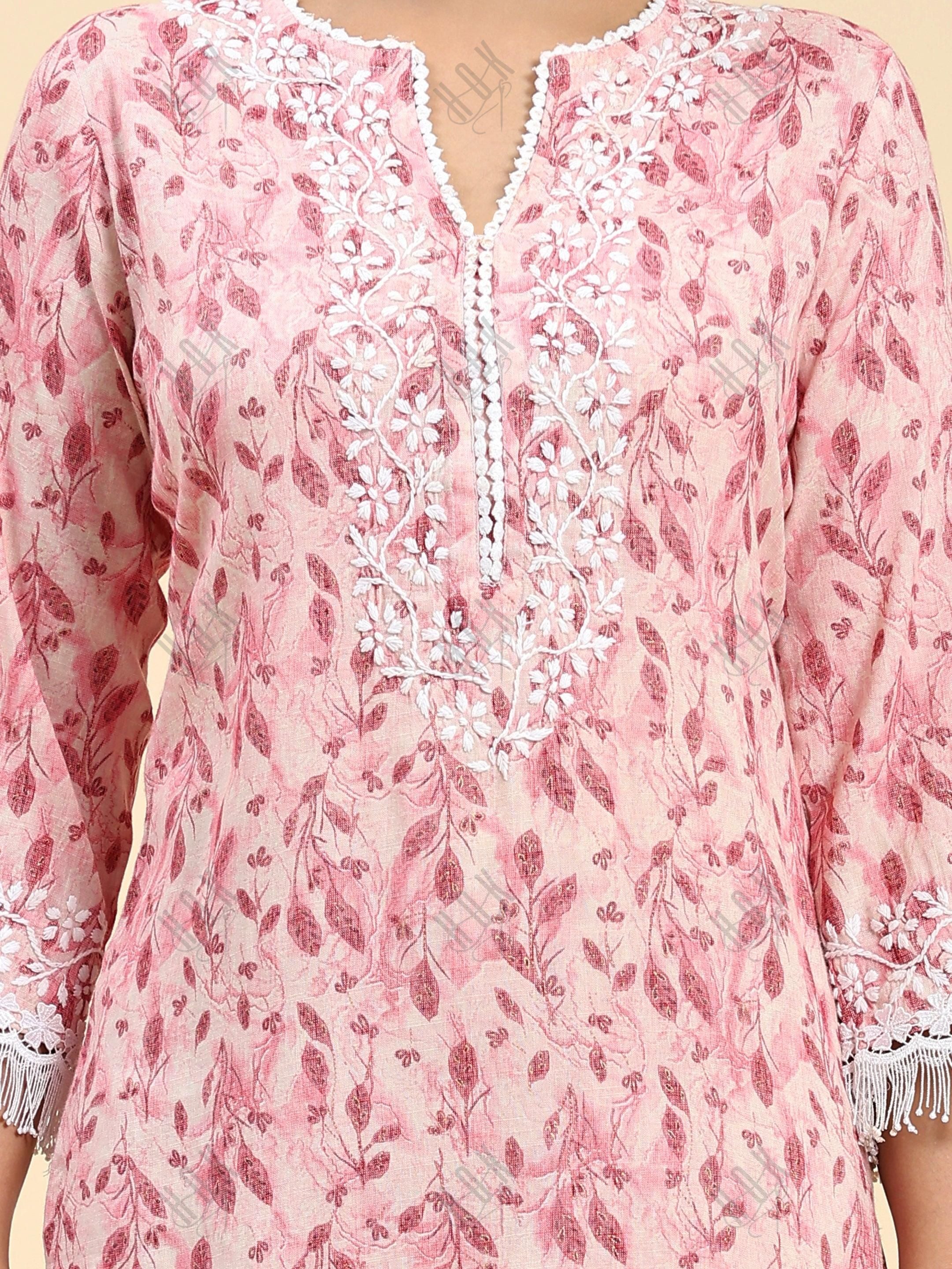 Samma Chikankari Co-ord set in Cotton for Women- Peach - House Of Kari (Chikankari Clothing)