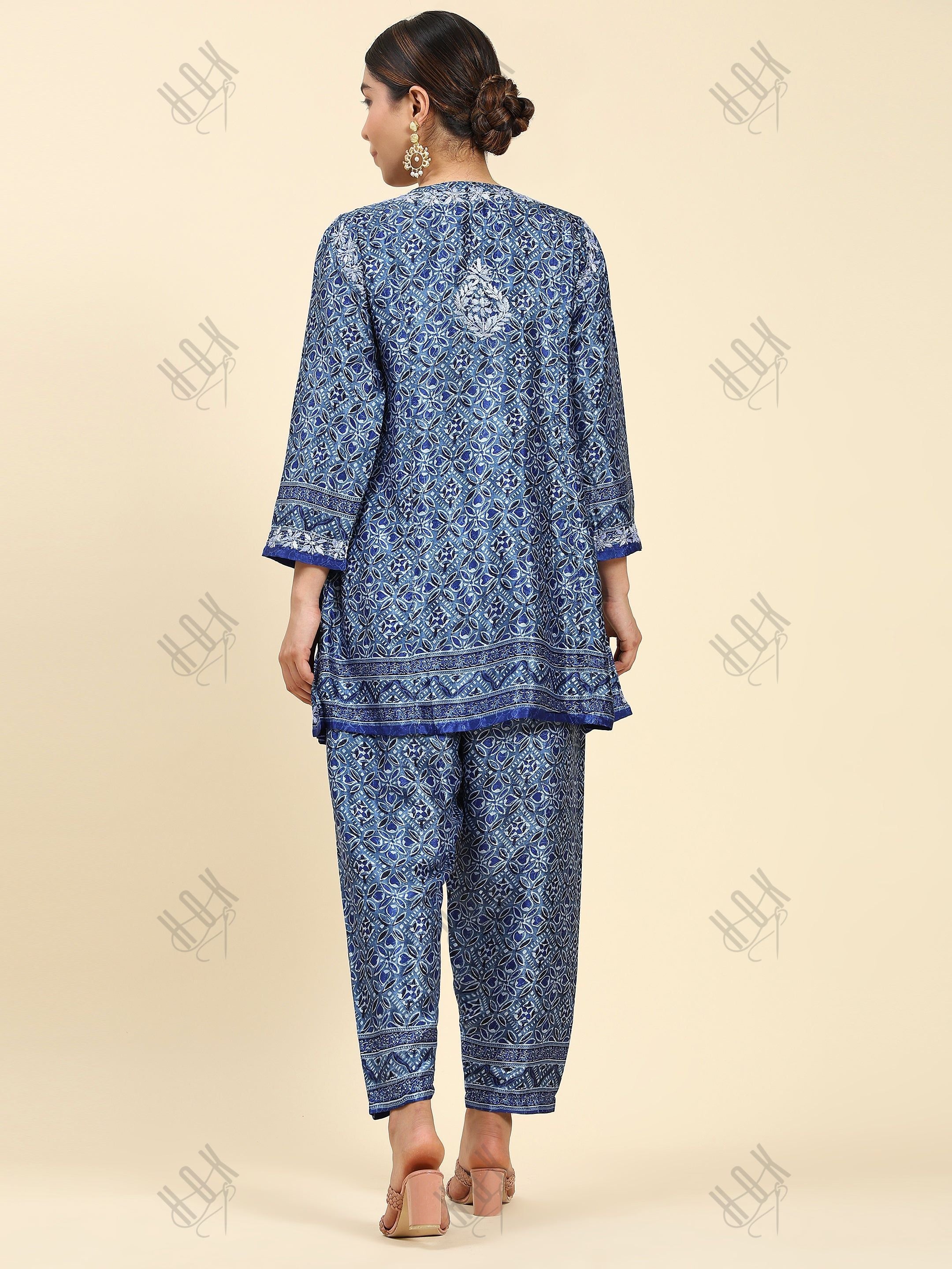 Samma Chikankari Co-ord Set in Polysilk for Women- Blue