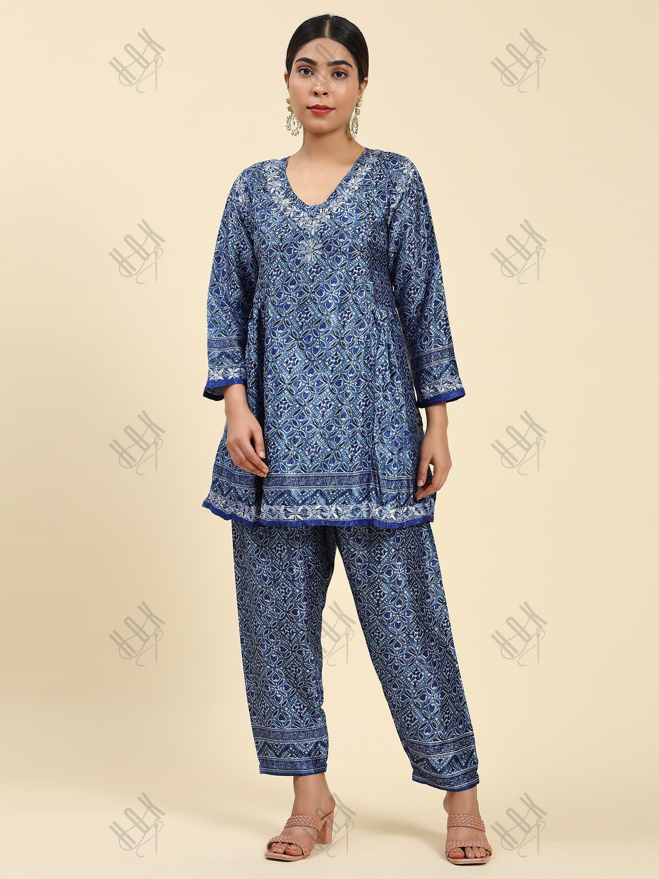 Mohi in Chikankari Co-ord Set in Polysilk for Women- Blue