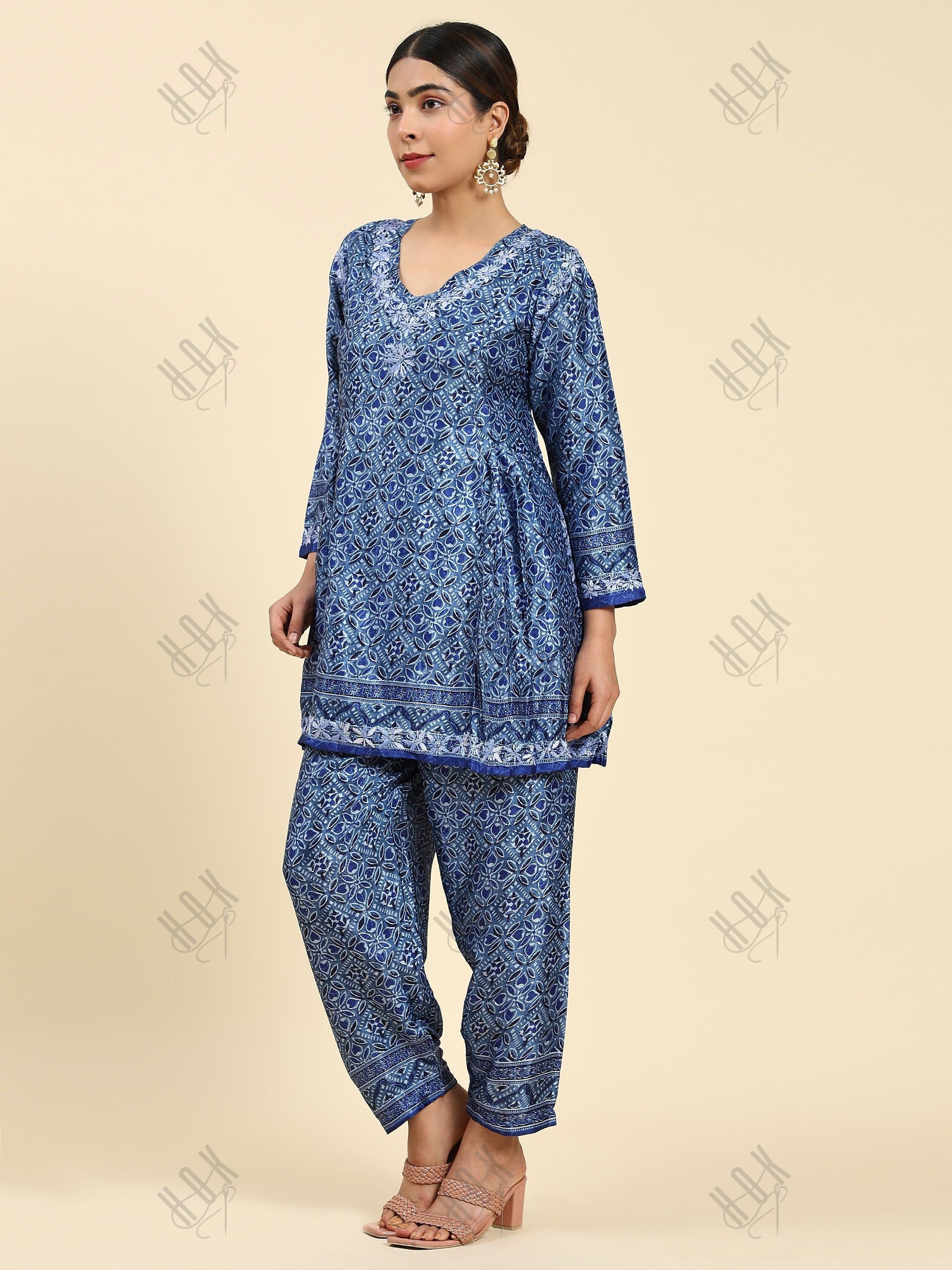 Samma Chikankari Co-ord Set in Polysilk for Women- Blue