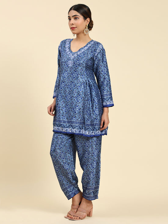 Samma Chikankari Co-ord set in Polysilk for Women- Blue Print - House Of  Kari (Chikankari Clothing)