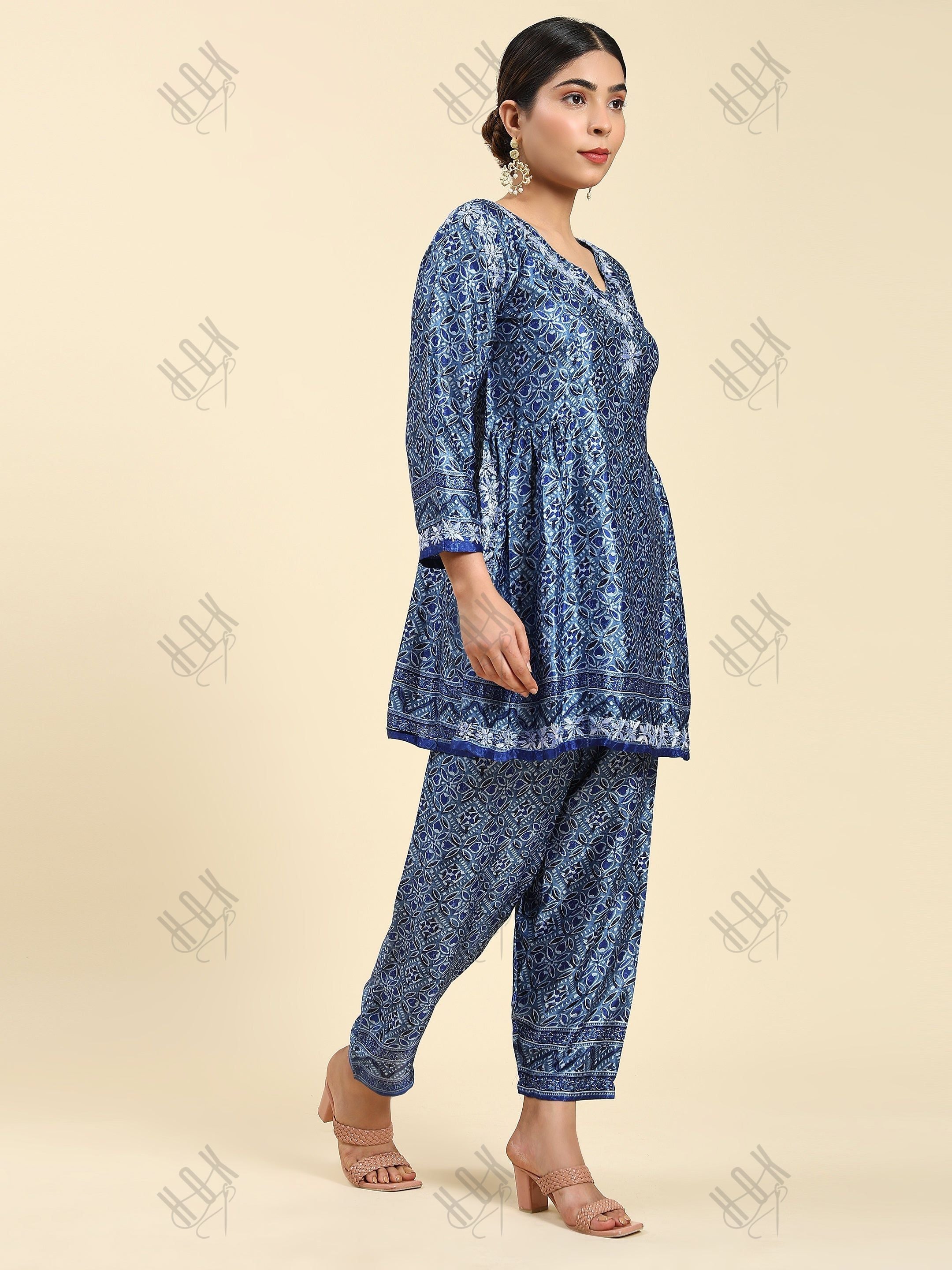 Mohi in Chikankari Co-ord Set in Polysilk for Women- Blue